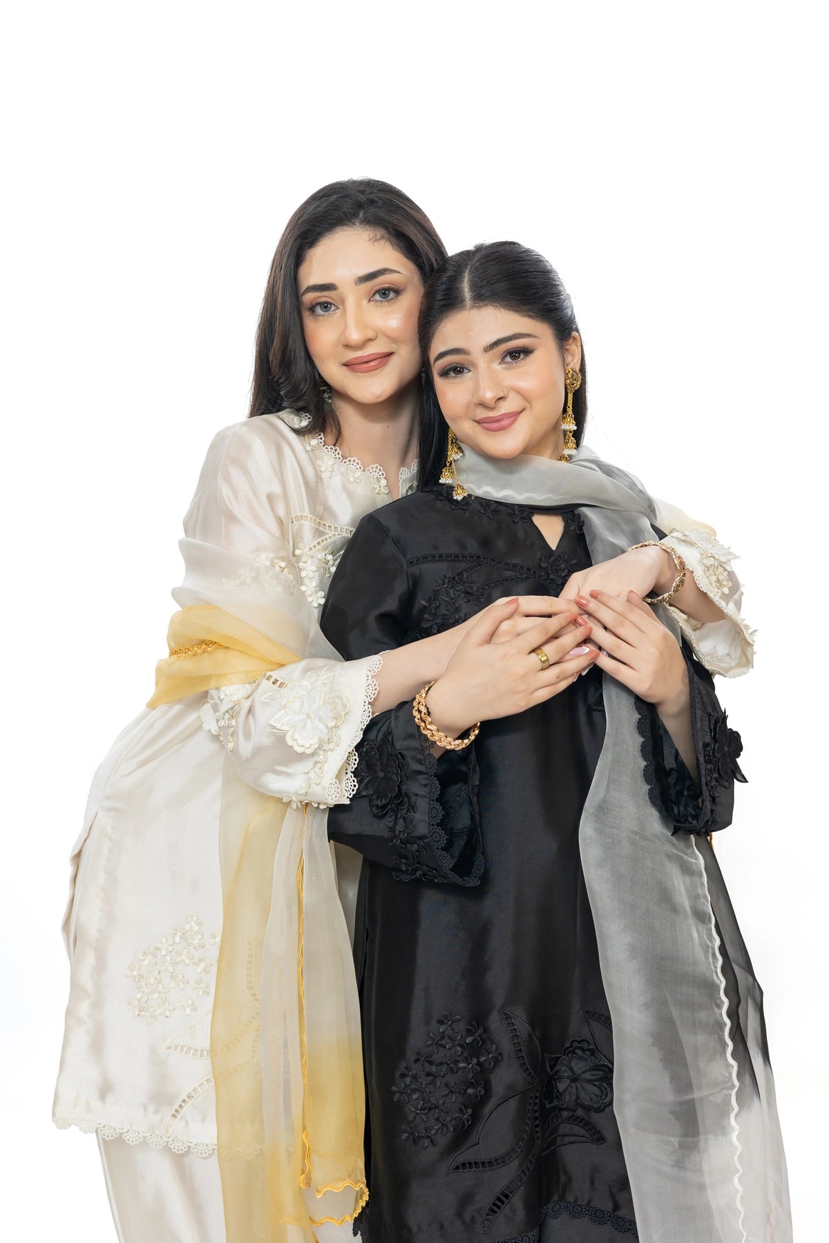 Deepika ivory & Lemon Sheesha silk stitched 3PC suit with 3D applique work and organza dupatta from Soroya by MariamRaj