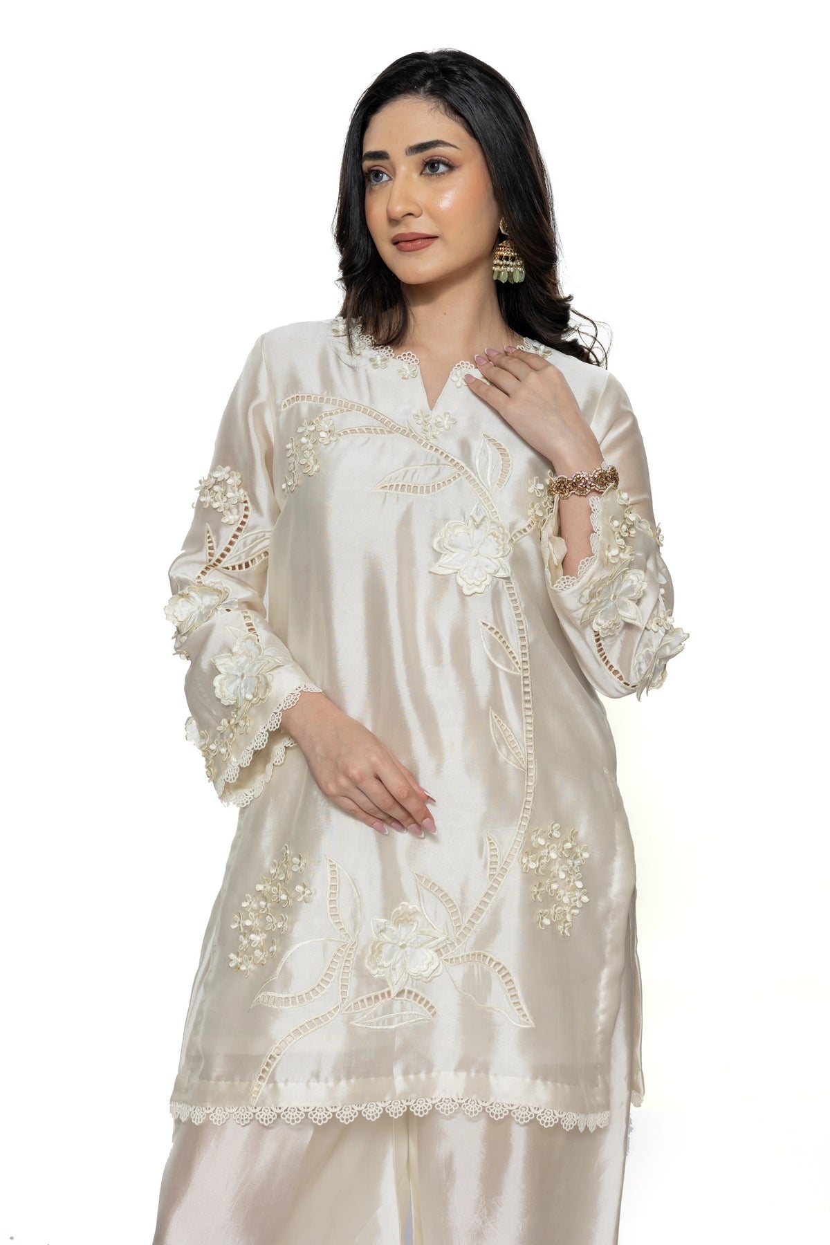 Deepika ivory & Lemon Sheesha silk stitched 3PC suit with 3D applique work and organza dupatta from Soroya by MariamRaj