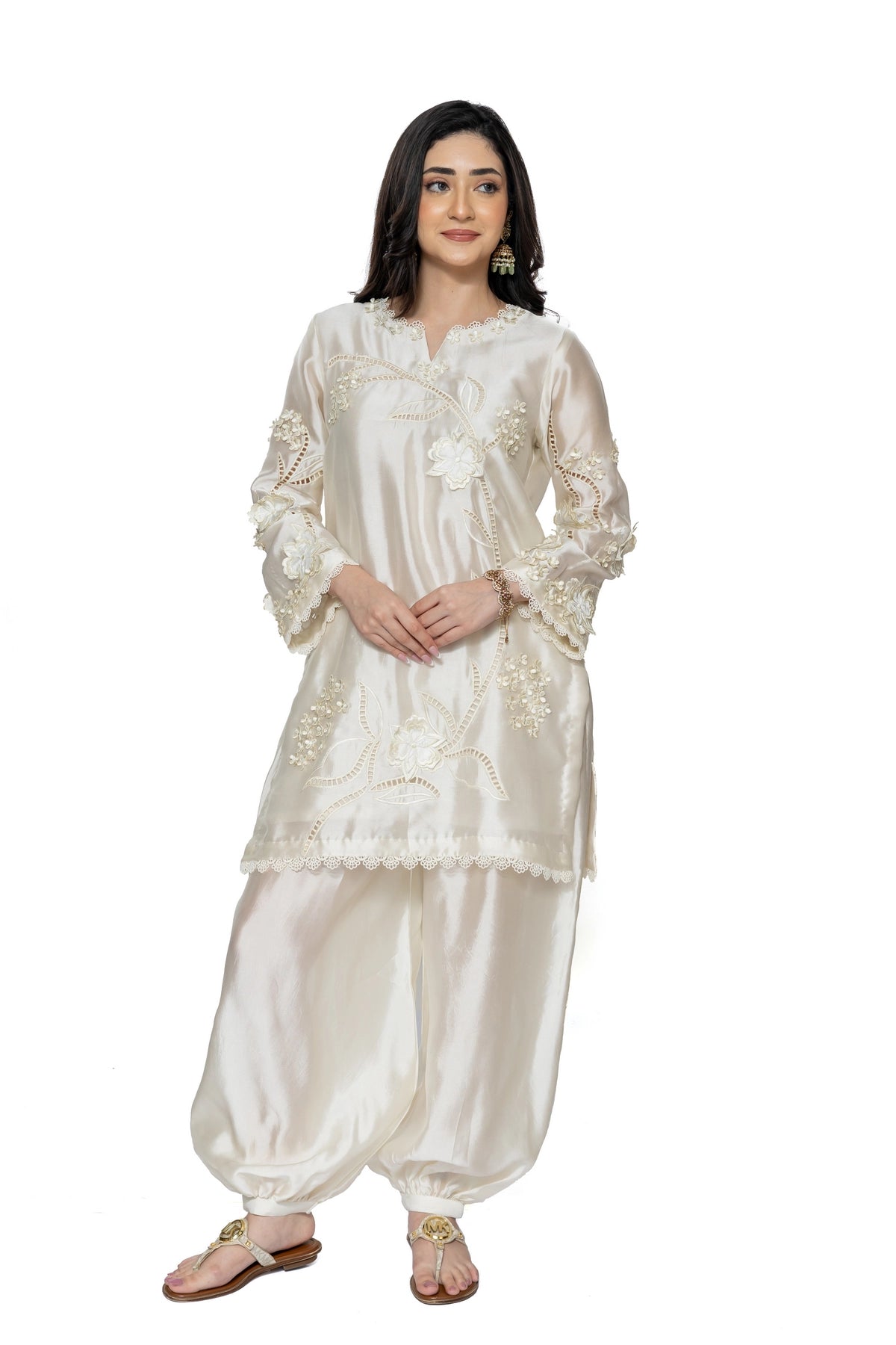 Deepika ivory & Lemon Sheesha silk stitched 3PC suit with 3D applique work and organza dupatta from Soroya by MariamRaj