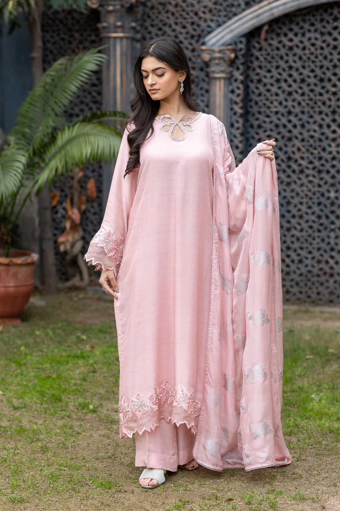 Eira blush pink raw silk 3PC with pearl embroidery and silk dupatta – Eid Edit 2026 by MariamRaj