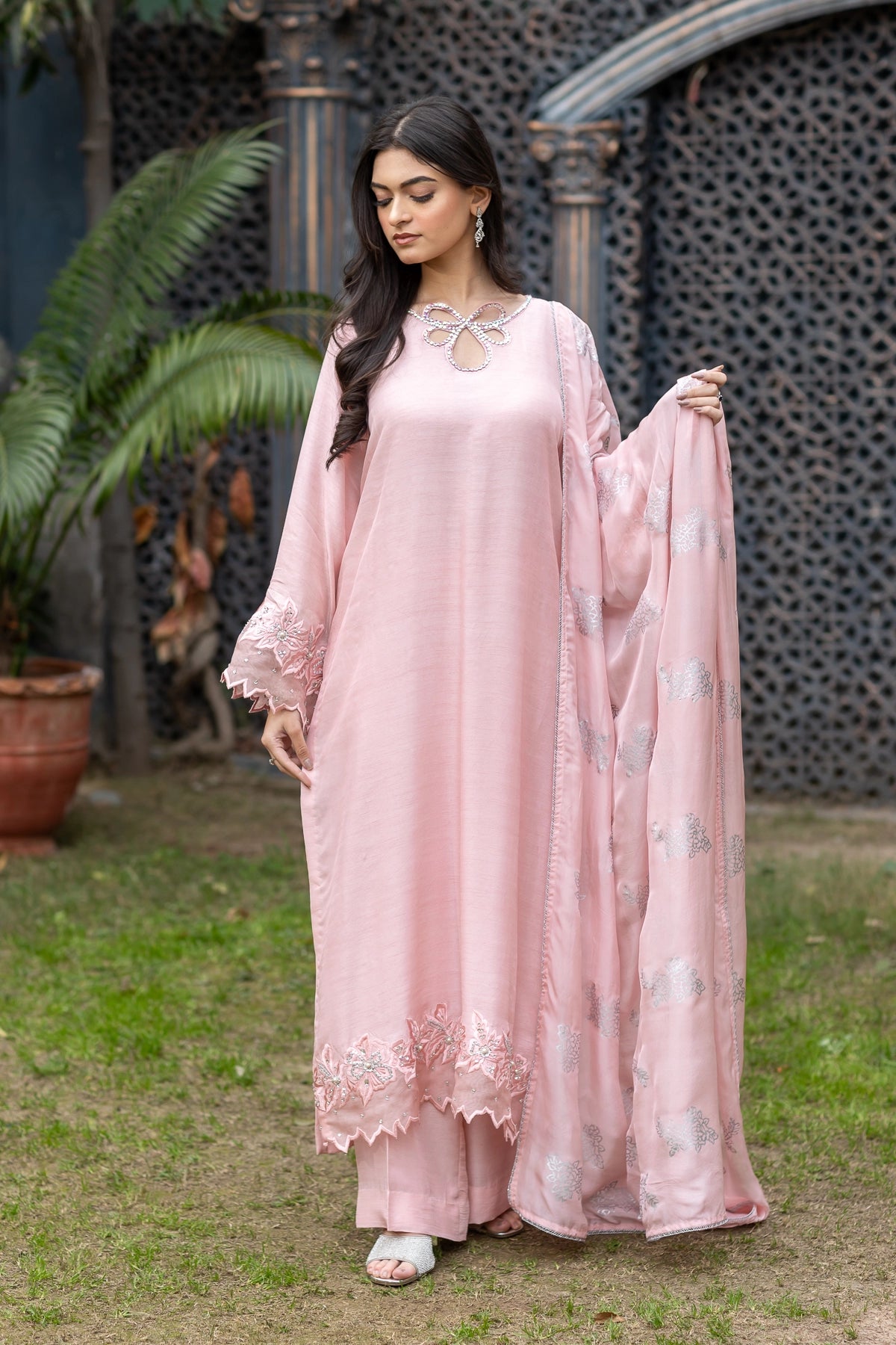 Eira blush pink raw silk 3PC with pearl embroidery and silk dupatta – Eid Edit 2026 by MariamRaj