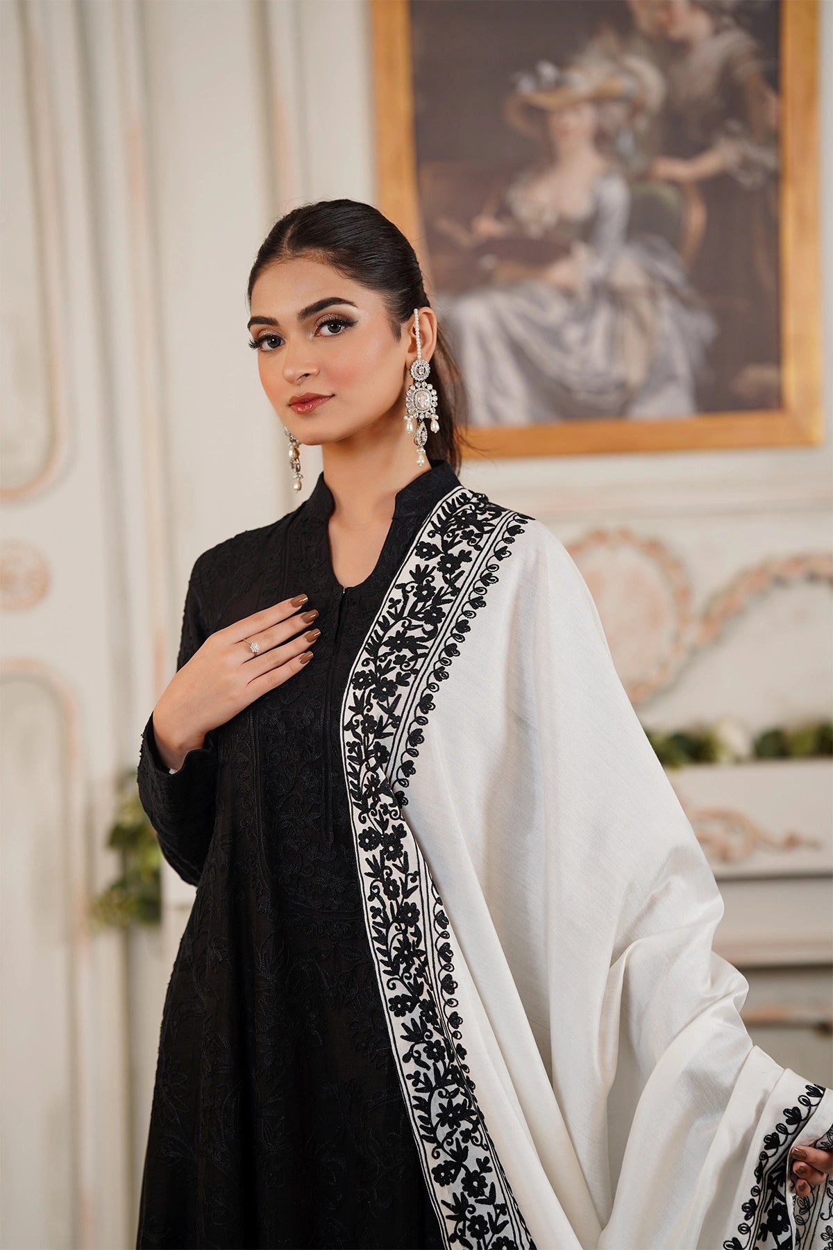 Elara black khaadi net embroidered frock with Korean silk palazzo pants and embroidered silk dupatta by MariamRaj