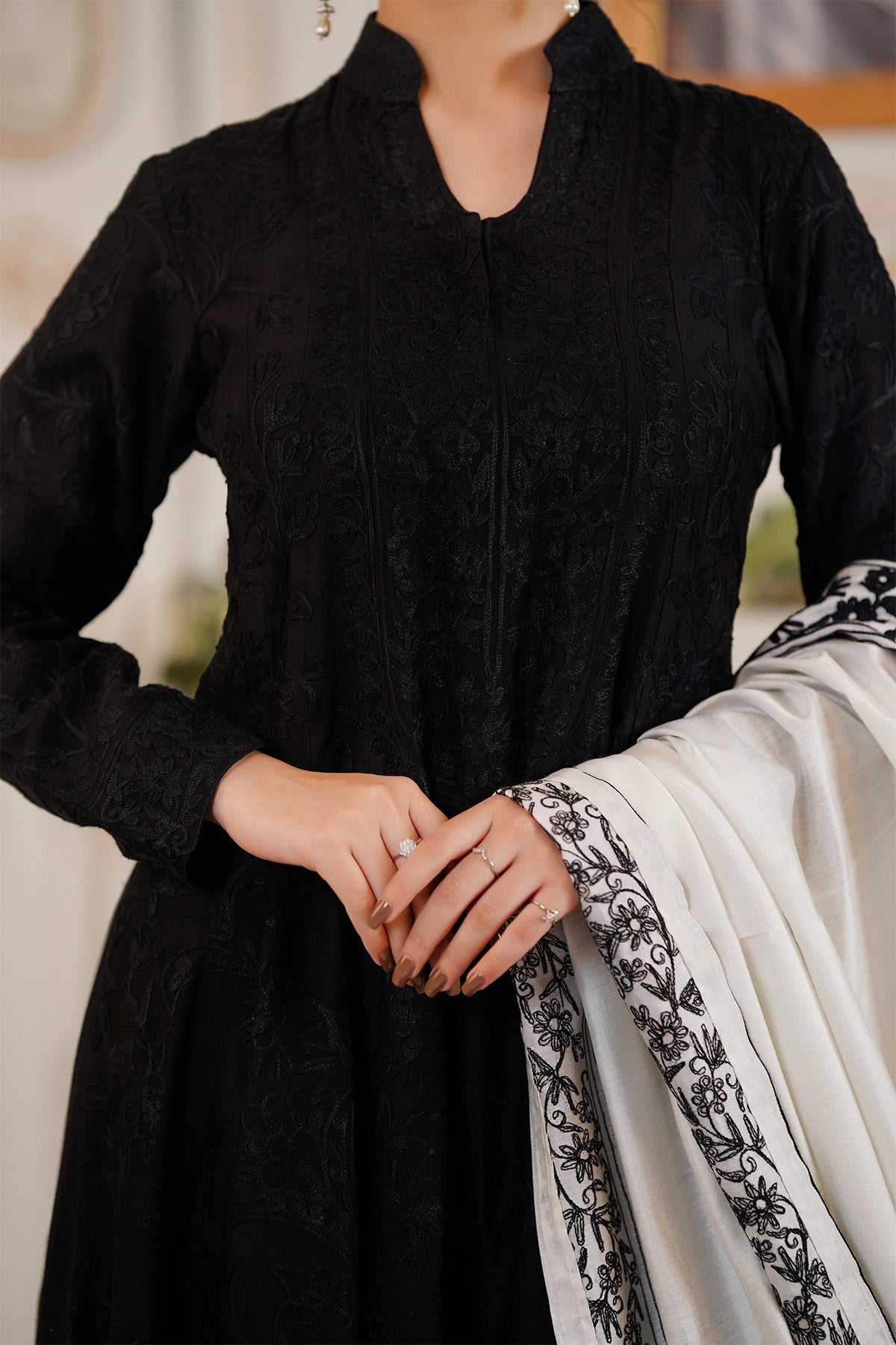 Elara black khaadi net embroidered frock with Korean silk palazzo pants and embroidered silk dupatta by MariamRaj
