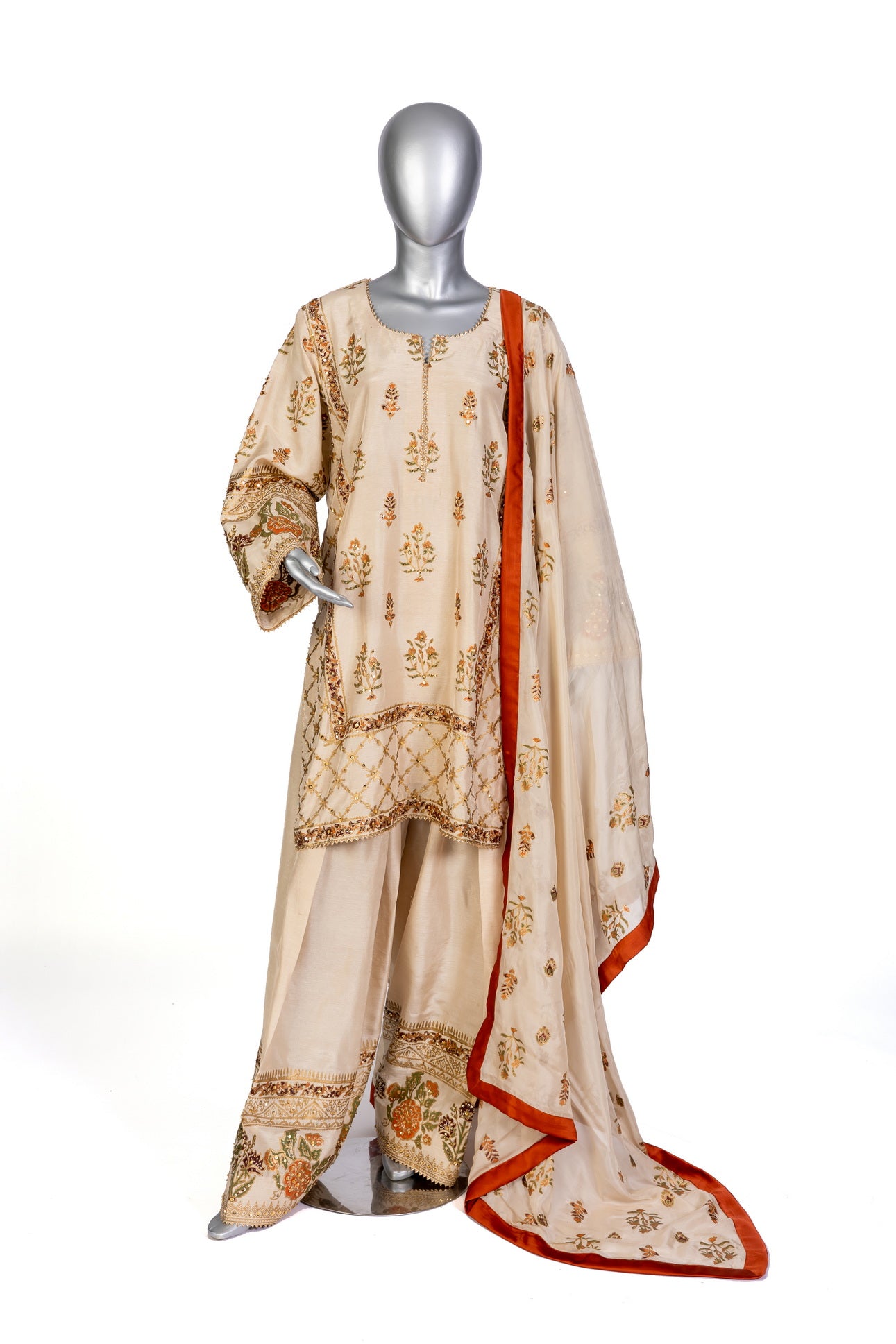 Elisa MariamRaj formal silk shalwar kameez in Korean silk with hand embroidery, block print, and organza dupatta for dinner parties and elegant events