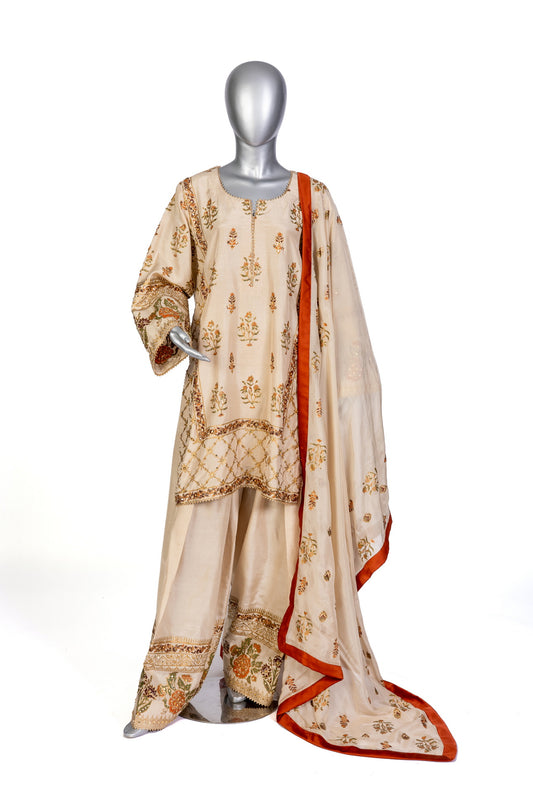 Elisa MariamRaj formal silk shalwar kameez in Korean silk with hand embroidery, block print, and organza dupatta for dinner parties and elegant events