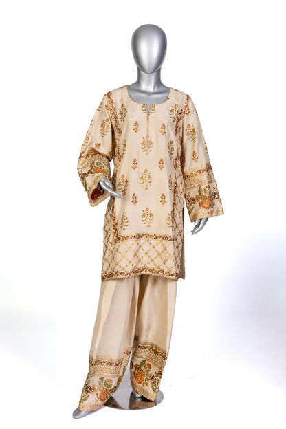 Elisa MariamRaj formal silk shalwar kameez in Korean silk with hand embroidery, block print, and organza dupatta for dinner parties and elegant events