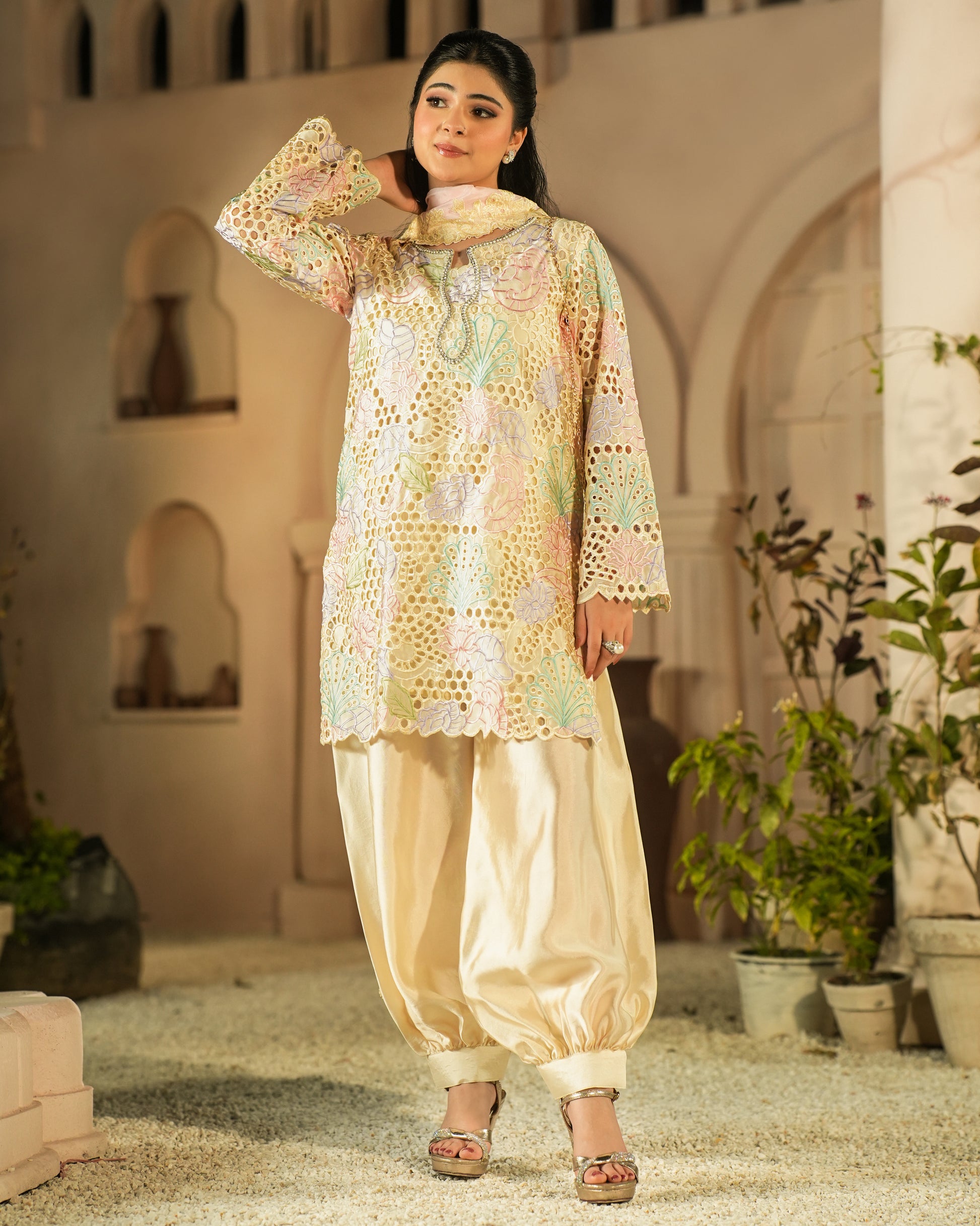 Elowen Ivory Floral Cutwork Sheesha Silk Designer 3PC Set with Balloon Pants and Medium Silk Choker Dupatta by MariamRaj