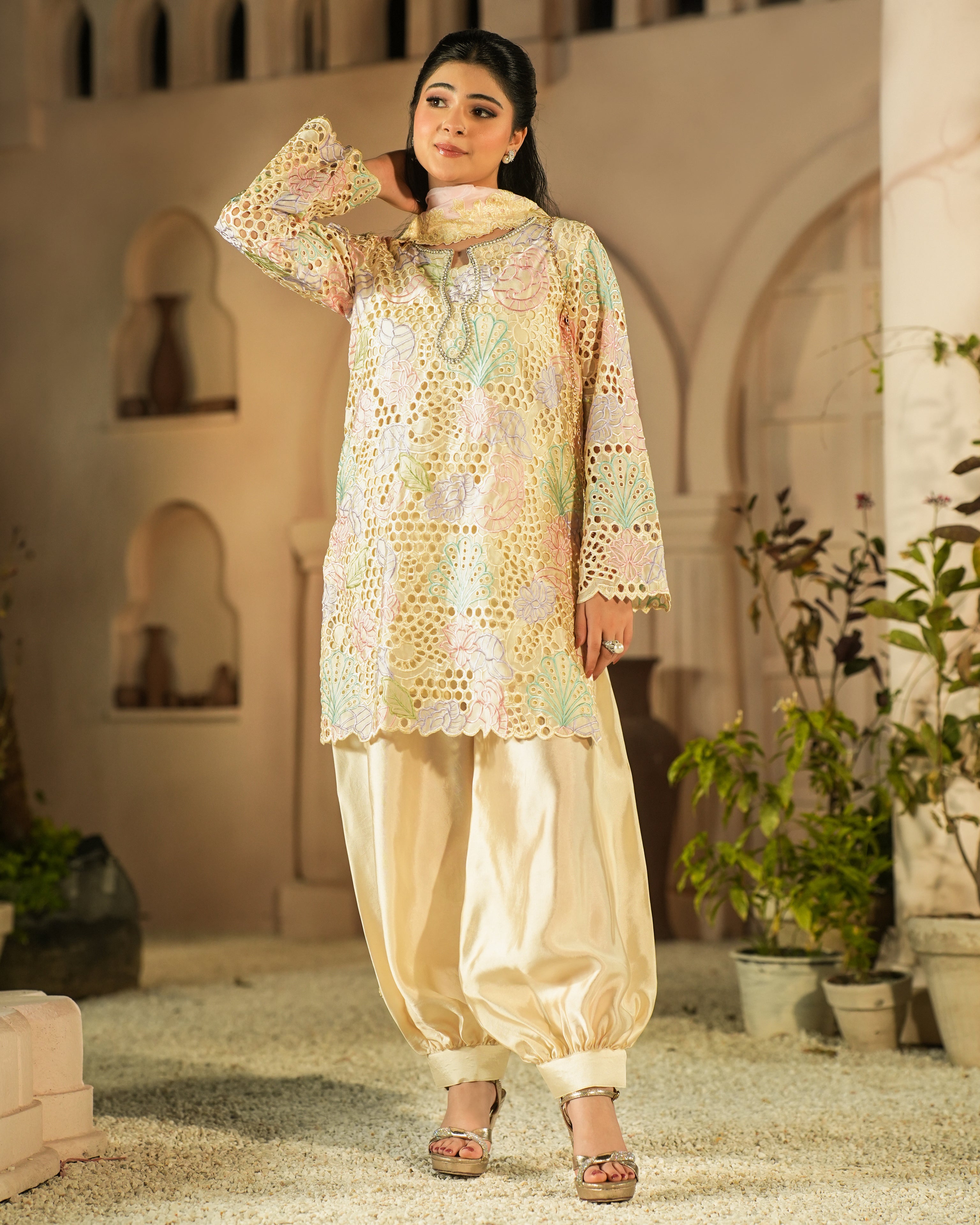 Elowen Ivory Floral Cutwork Sheesha Silk Designer 3PC Set with Balloon Pants and Medium Silk Choker Dupatta by MariamRaj