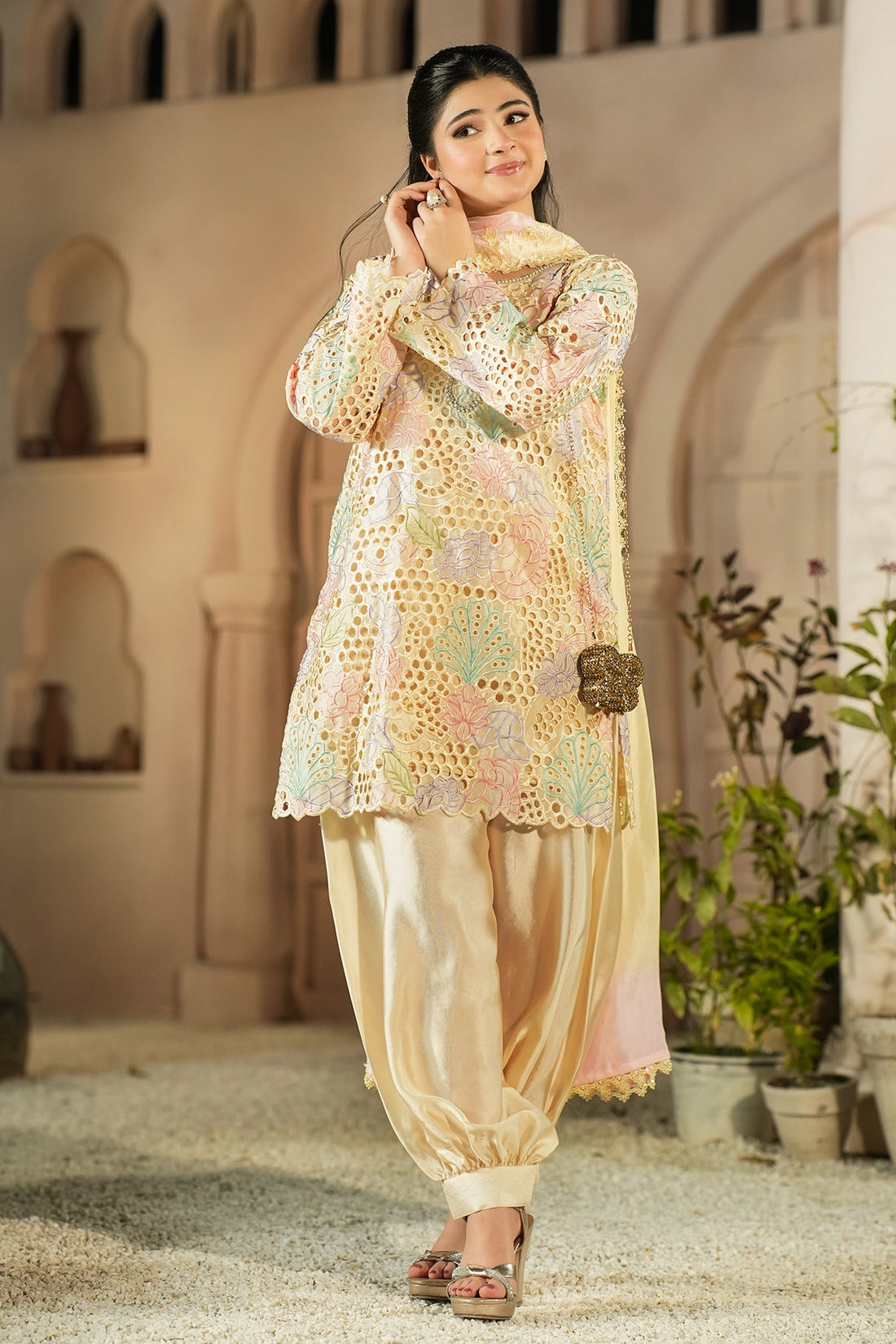 Elowen Ivory Floral Cutwork Sheesha Silk Designer 3PC Set with Balloon Pants and Medium Silk Choker Dupatta by MariamRaj