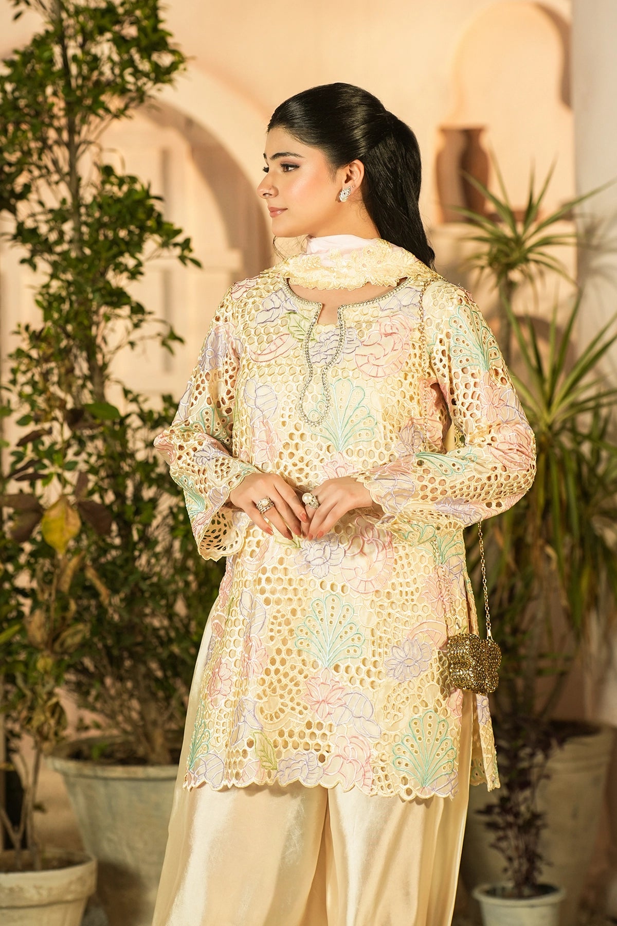 Elowen Ivory Floral Cutwork Sheesha Silk Designer 3PC Set with Balloon Pants and Medium Silk Choker Dupatta by MariamRaj