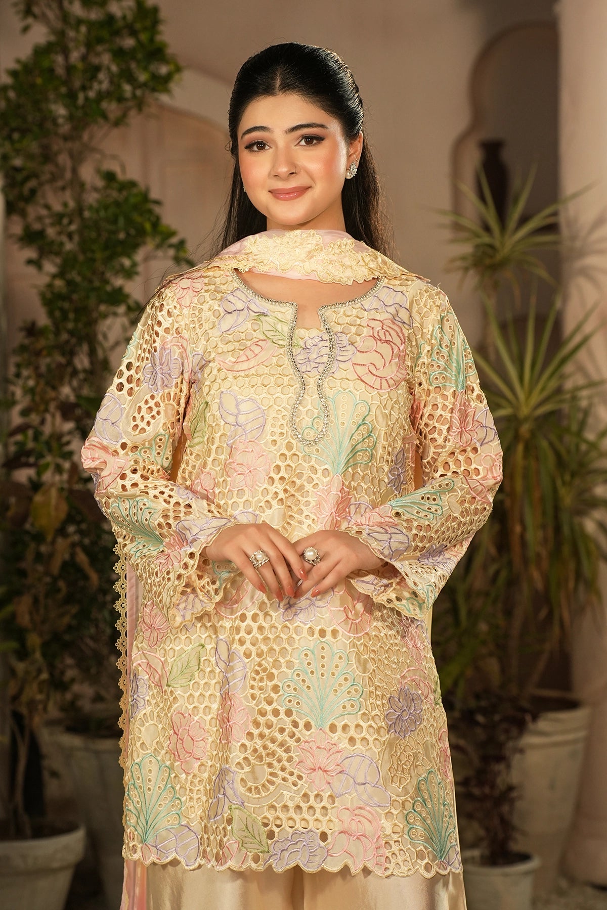 Elowen Ivory Floral Cutwork Sheesha Silk Designer 3PC Set with Balloon Pants and Medium Silk Choker Dupatta by MariamRaj