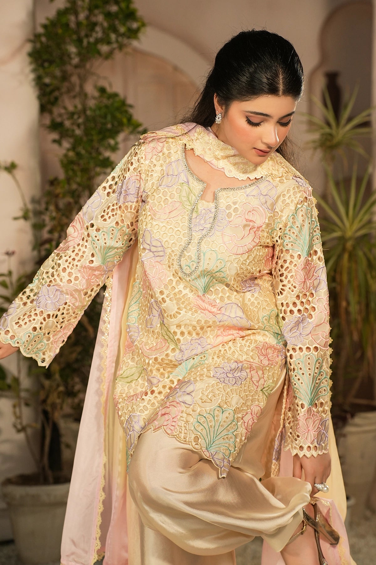 Elowen Ivory Floral Cutwork Sheesha Silk Designer 3PC Set with Balloon Pants and Medium Silk Choker Dupatta by MariamRaj