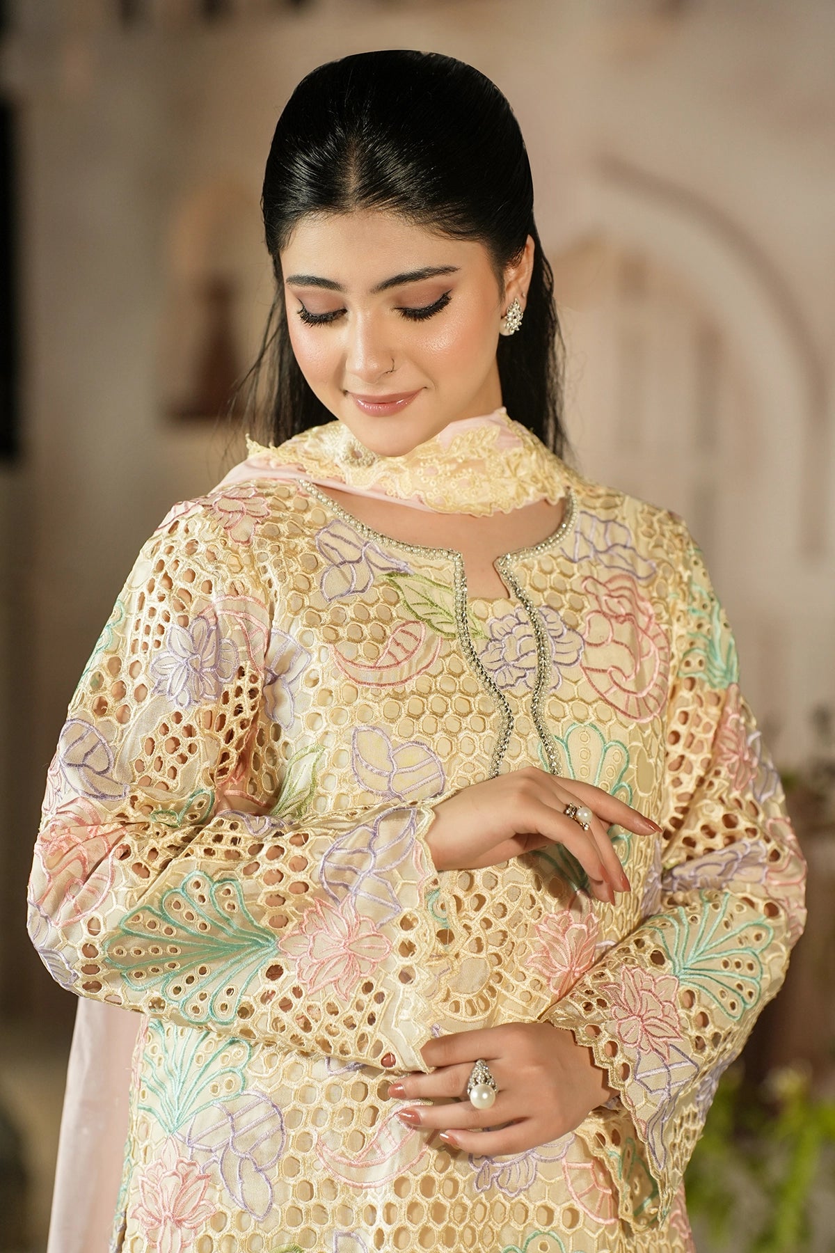 Elowen Ivory Floral Cutwork Sheesha Silk Designer 3PC Set with Balloon Pants and Medium Silk Choker Dupatta by MariamRaj
