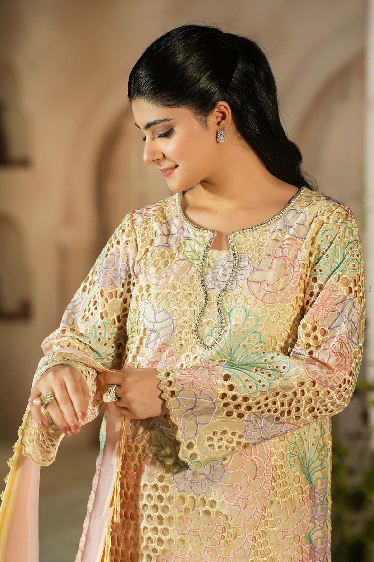Elowen Ivory Floral Cutwork Sheesha Silk Designer 3PC Set with Balloon Pants and Medium Silk Choker Dupatta by MariamRaj