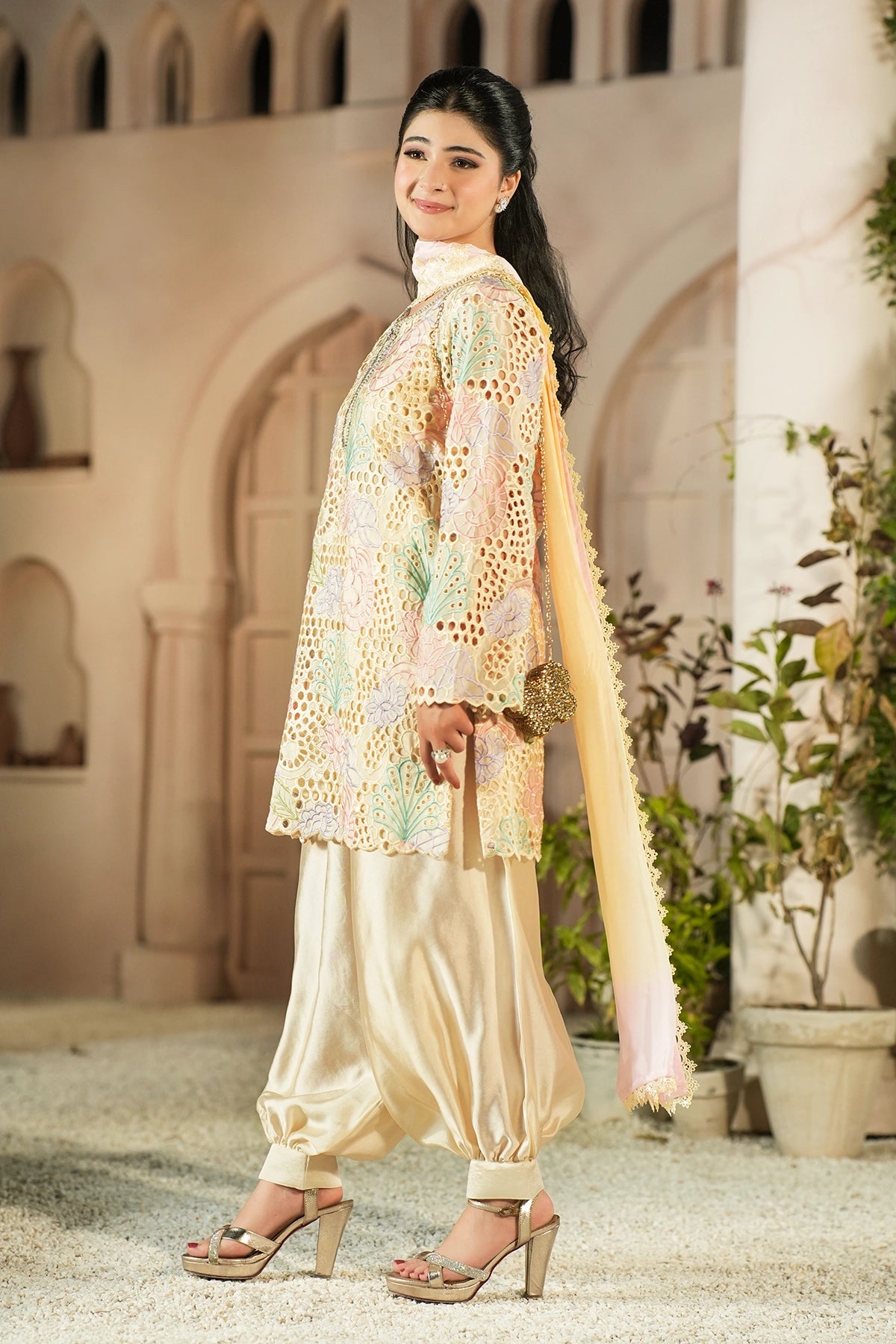 Elowen Ivory Floral Cutwork Sheesha Silk Designer 3PC Set with Balloon Pants and Medium Silk Choker Dupatta by MariamRaj
