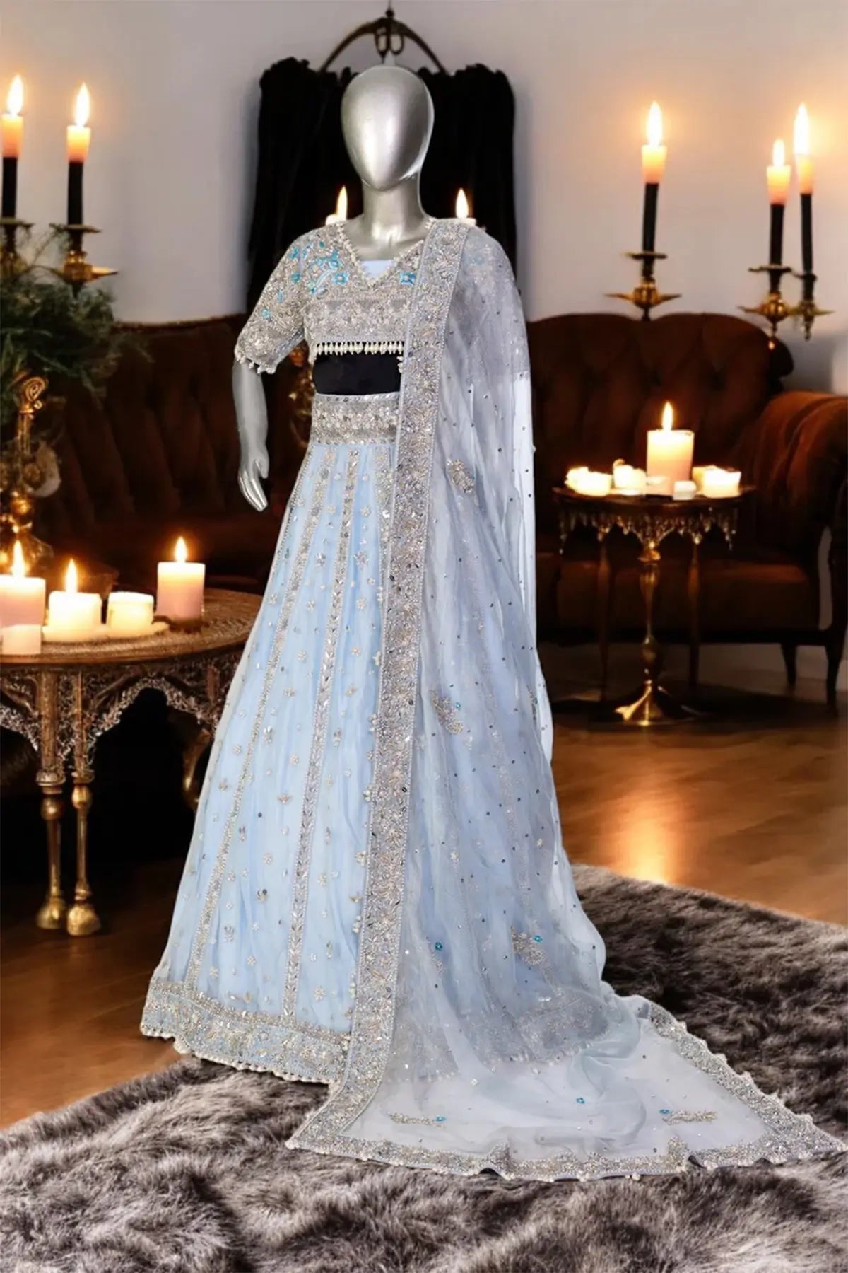 Elsa – Custom Stitched Pakistani Wedding Dress for Reception | Ice Blue Bridal Lehenga by MariamRaj
