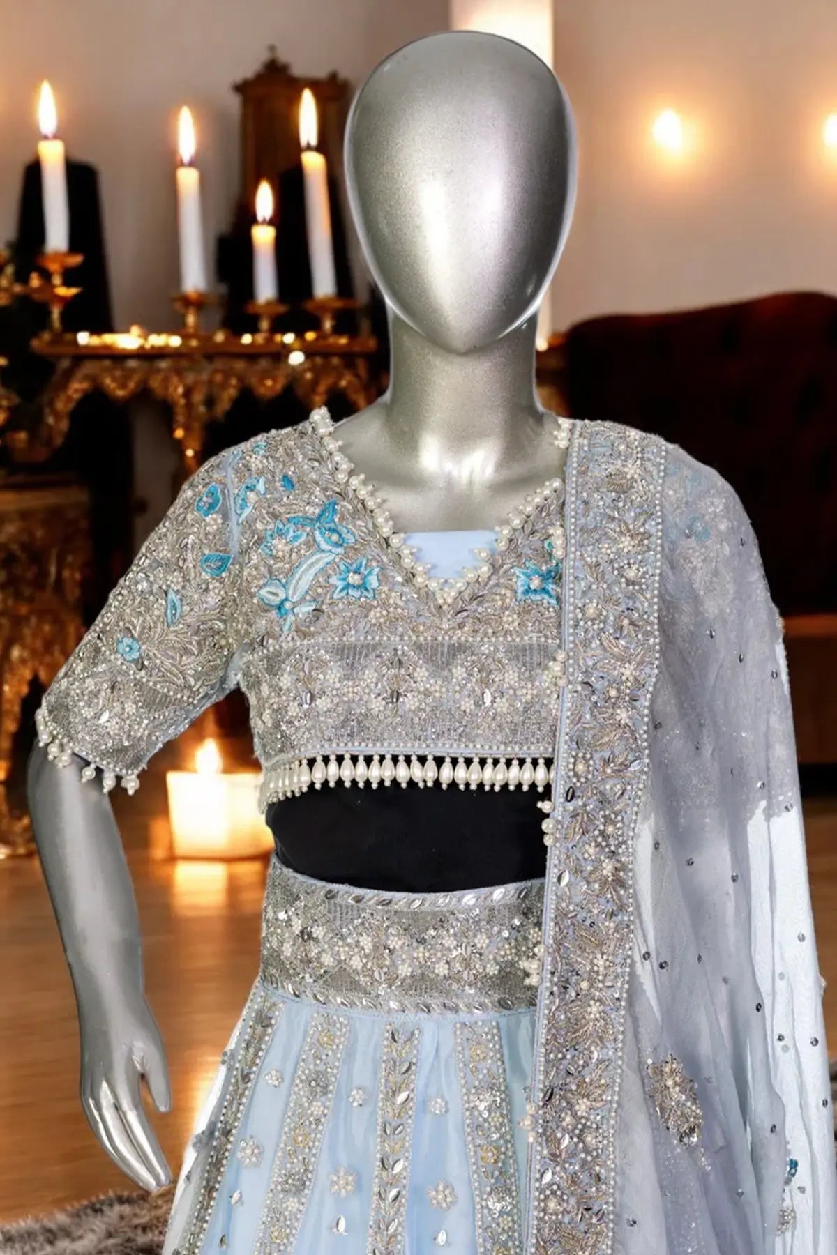 Elsa – Custom Stitched Pakistani Wedding Dress for Reception | Ice Blue Bridal Lehenga by MariamRaj