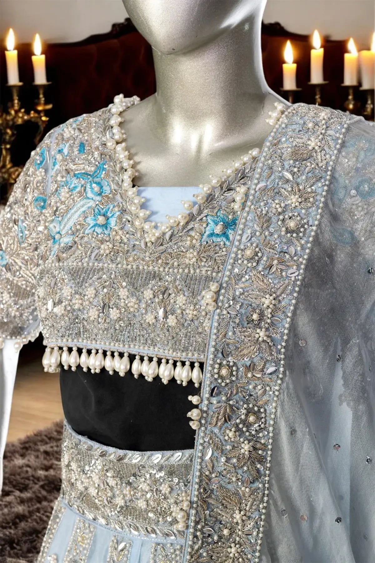 Elsa – Custom Stitched Pakistani Wedding Dress for Reception | Ice Blue Bridal Lehenga by MariamRaj