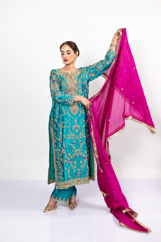 Elvina Teal Magenta Silk Shirt Pants Chiffon Dupatta MariamRaj Wedding Events