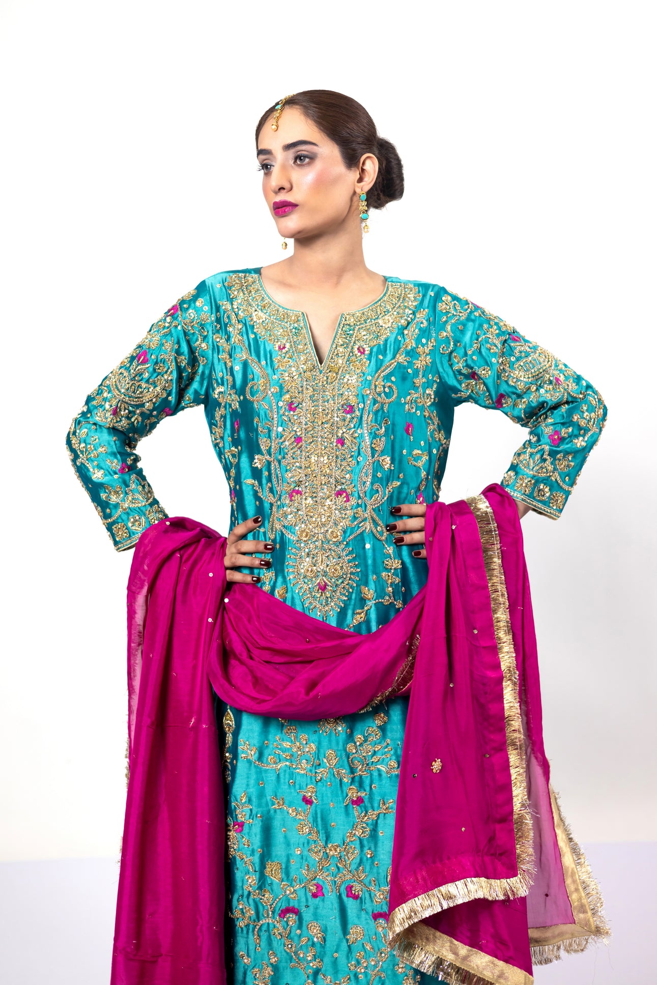 Elvina Teal Magenta Silk Shirt Pants Chiffon Dupatta MariamRaj Wedding Events