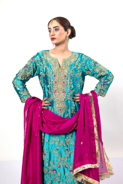Elvina Teal Magenta Silk Shirt Pants Chiffon Dupatta MariamRaj Wedding Events