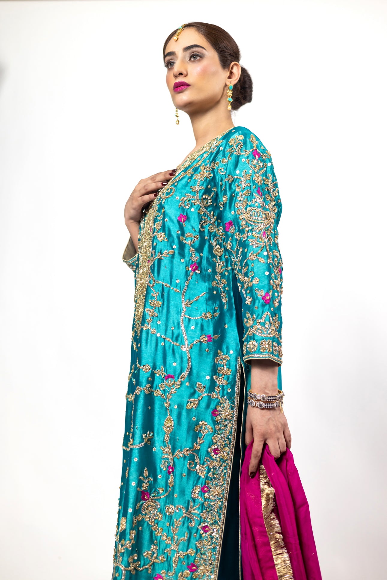 Elvina Teal Magenta Silk Shirt Pants Chiffon Dupatta MariamRaj Wedding Events