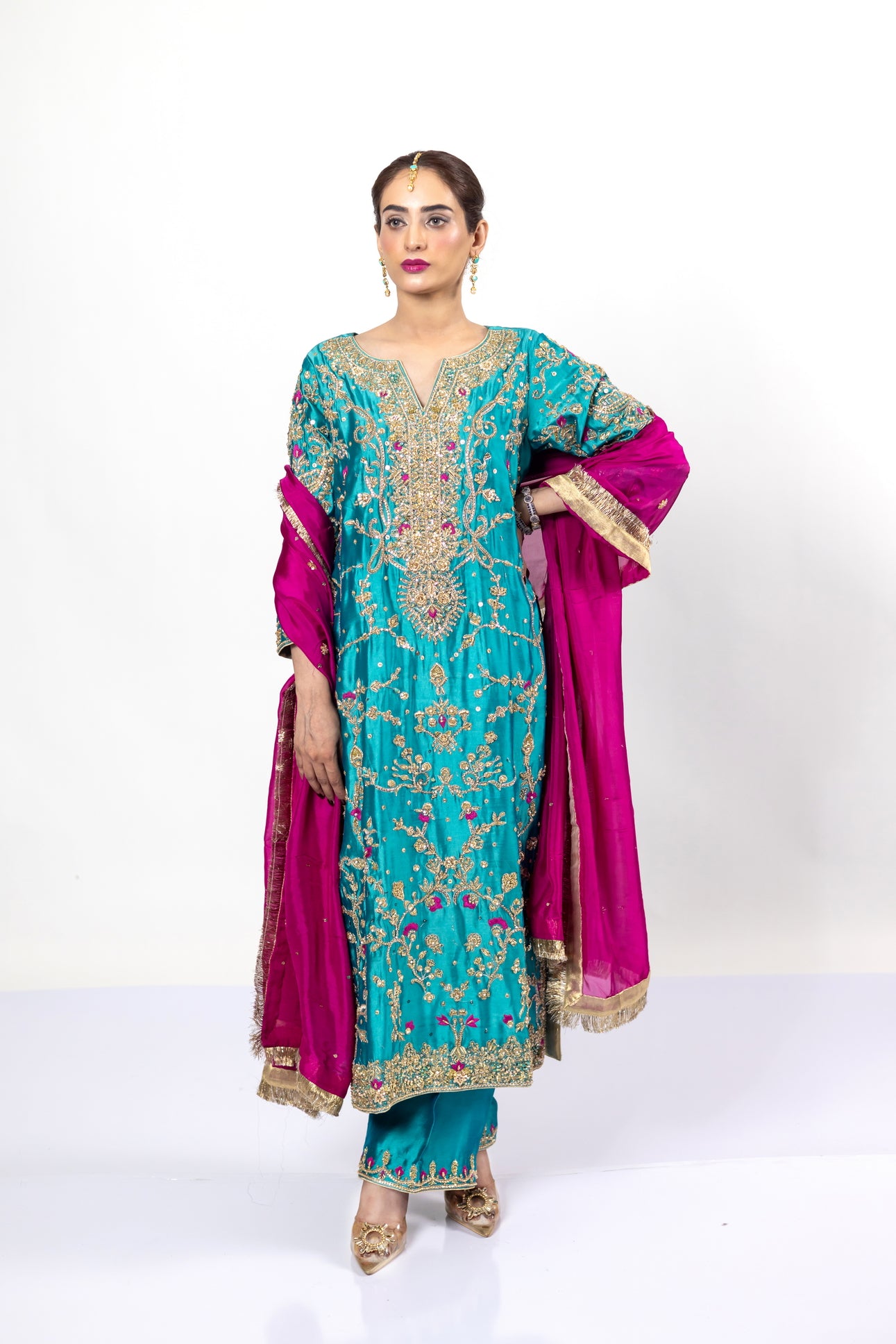 Elvina Teal Magenta Silk Shirt Pants Chiffon Dupatta MariamRaj Wedding Events