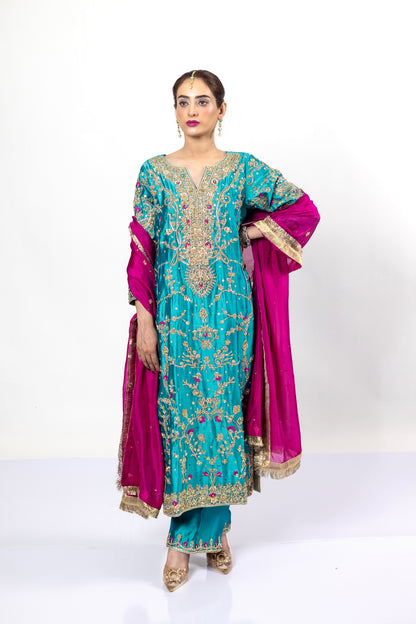 Elvina Teal Magenta Silk Shirt Pants Chiffon Dupatta MariamRaj Wedding Events
