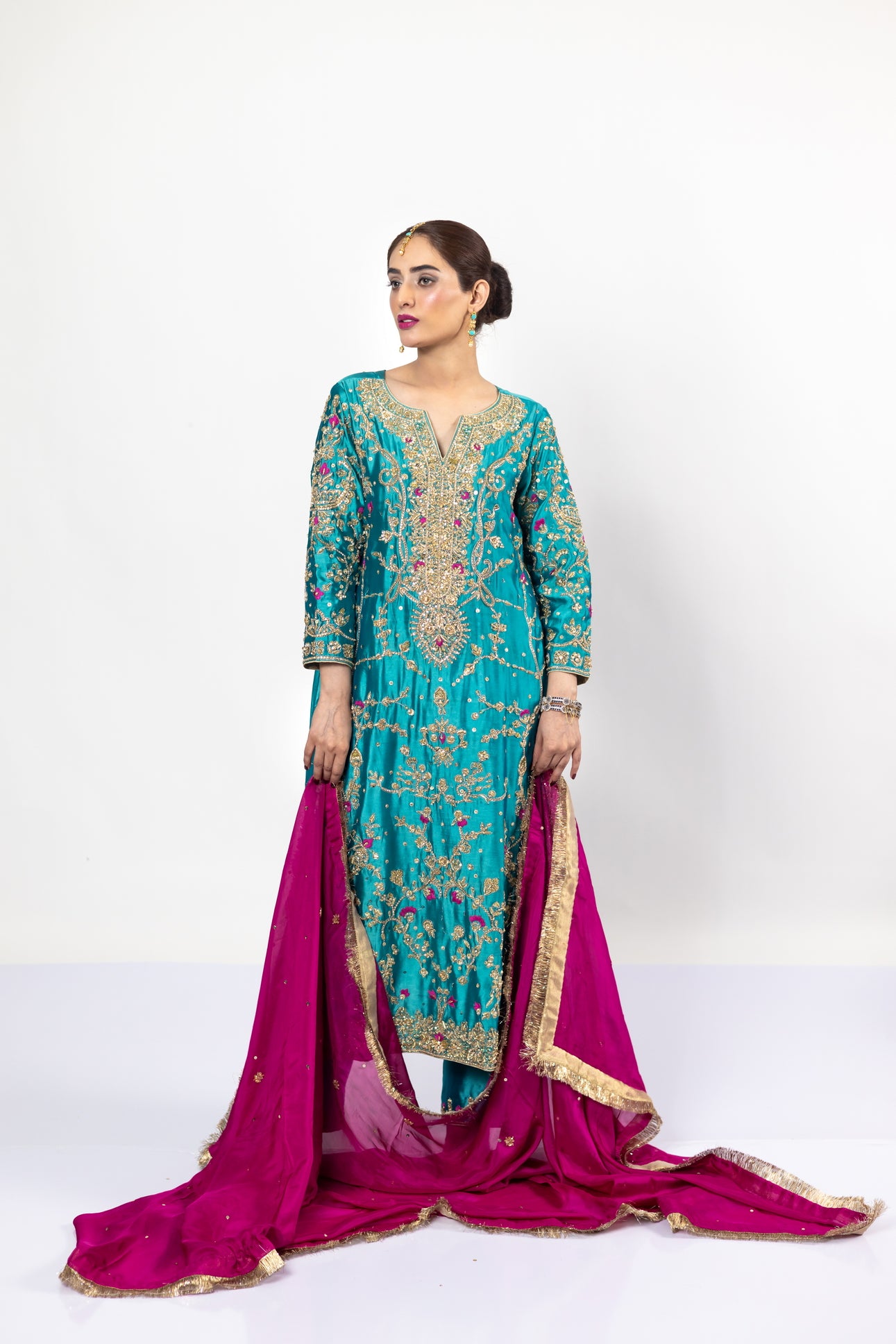 Elvina Teal Magenta Silk Shirt Pants Chiffon Dupatta MariamRaj Wedding Events