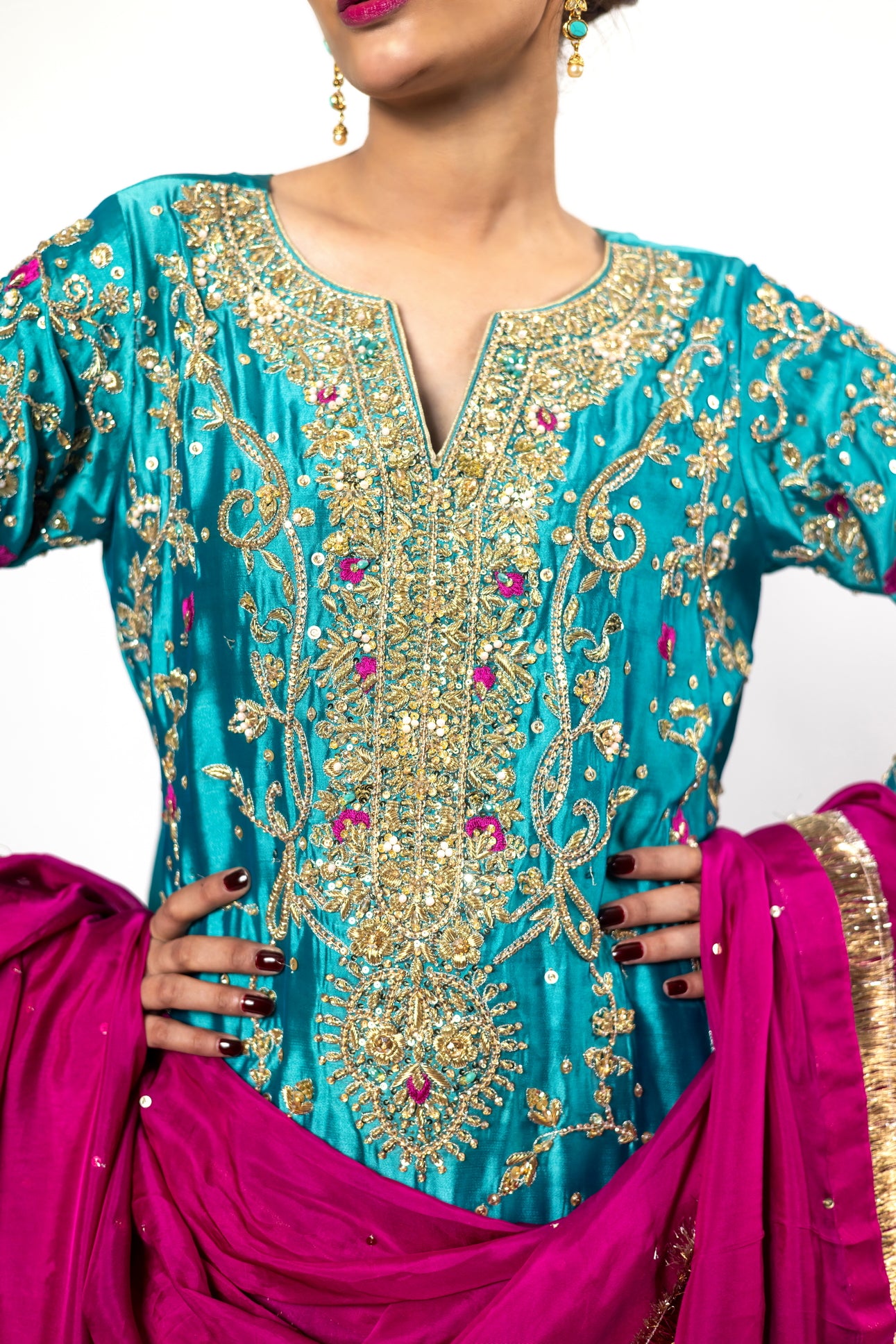 Elvina Teal Magenta Silk Shirt Pants Chiffon Dupatta MariamRaj Wedding Events