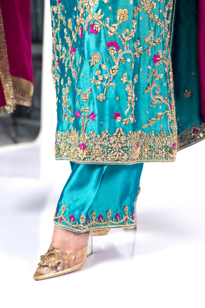 Elvina Teal Magenta Silk Shirt Pants Chiffon Dupatta MariamRaj Wedding Events