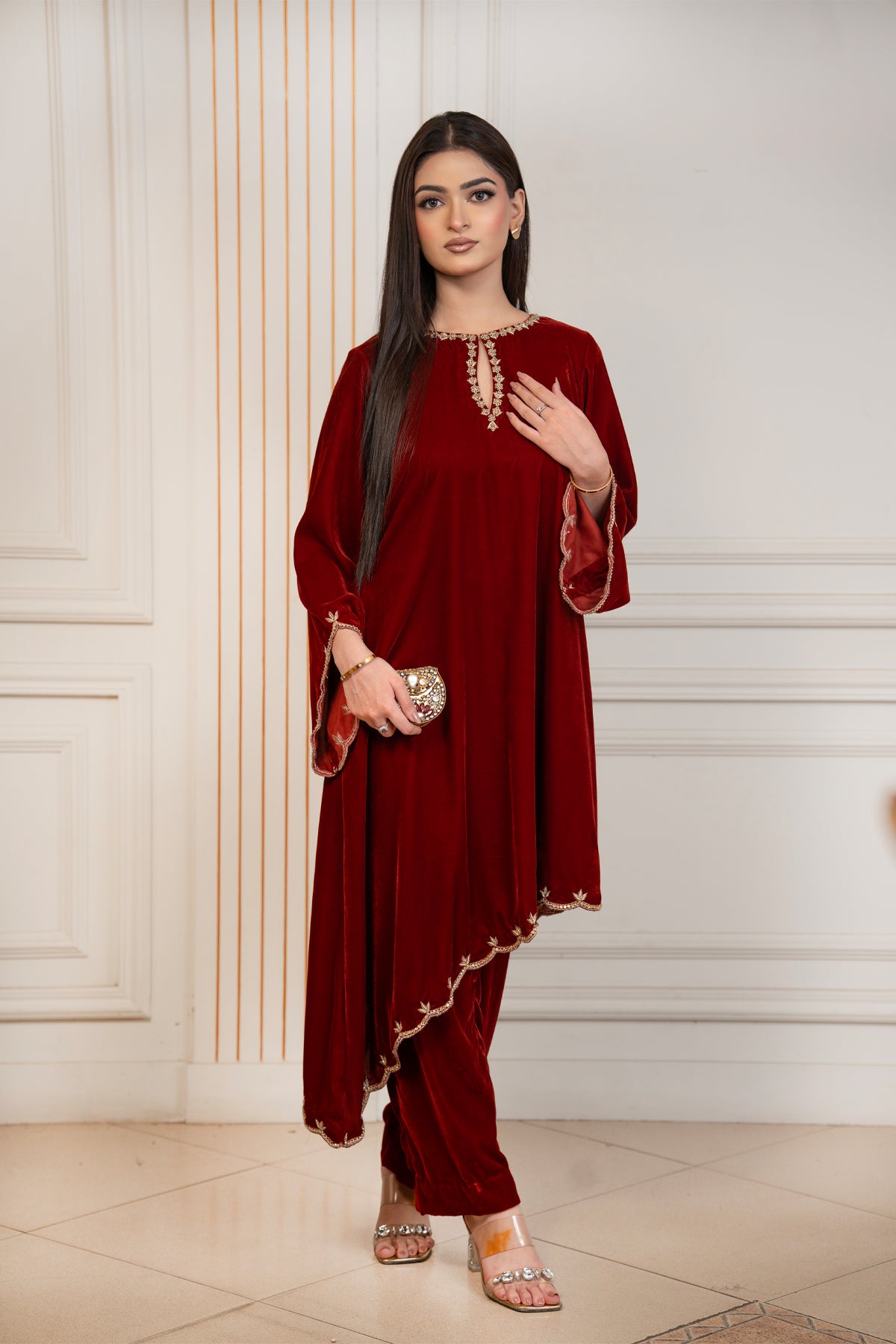 Ember Rose rust pure velvet co-ord with sheer embroidered sleeves and asymmetric hem by MariamRaj