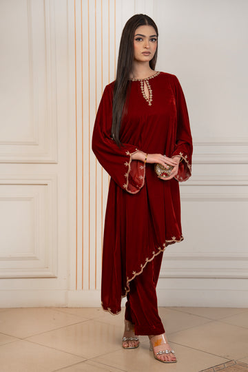 Ember Rose rust pure velvet co-ord with sheer embroidered sleeves and asymmetric hem by MariamRaj