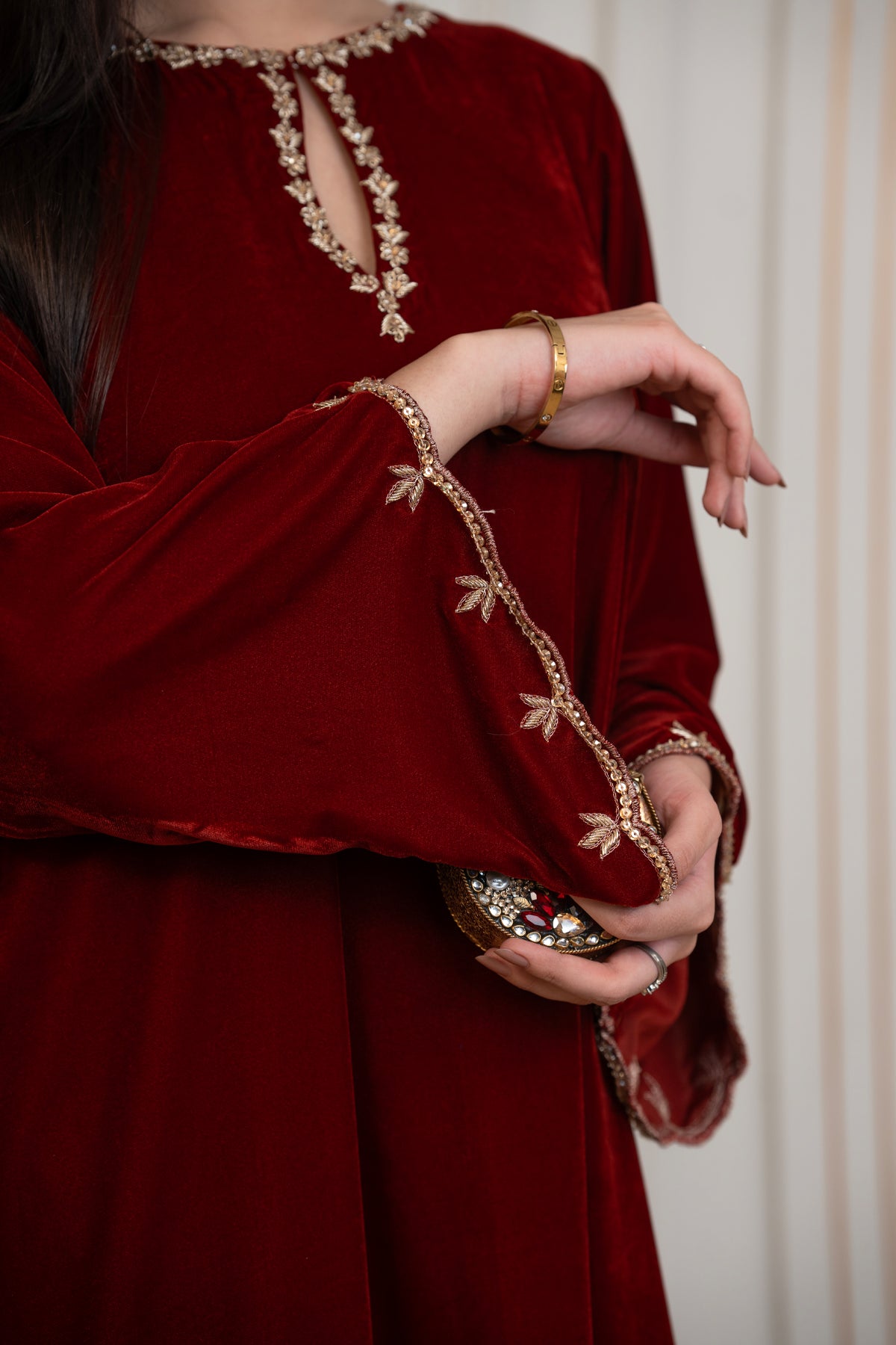 Ember Rose rust pure velvet co-ord with sheer embroidered sleeves and asymmetric hem by MariamRaj