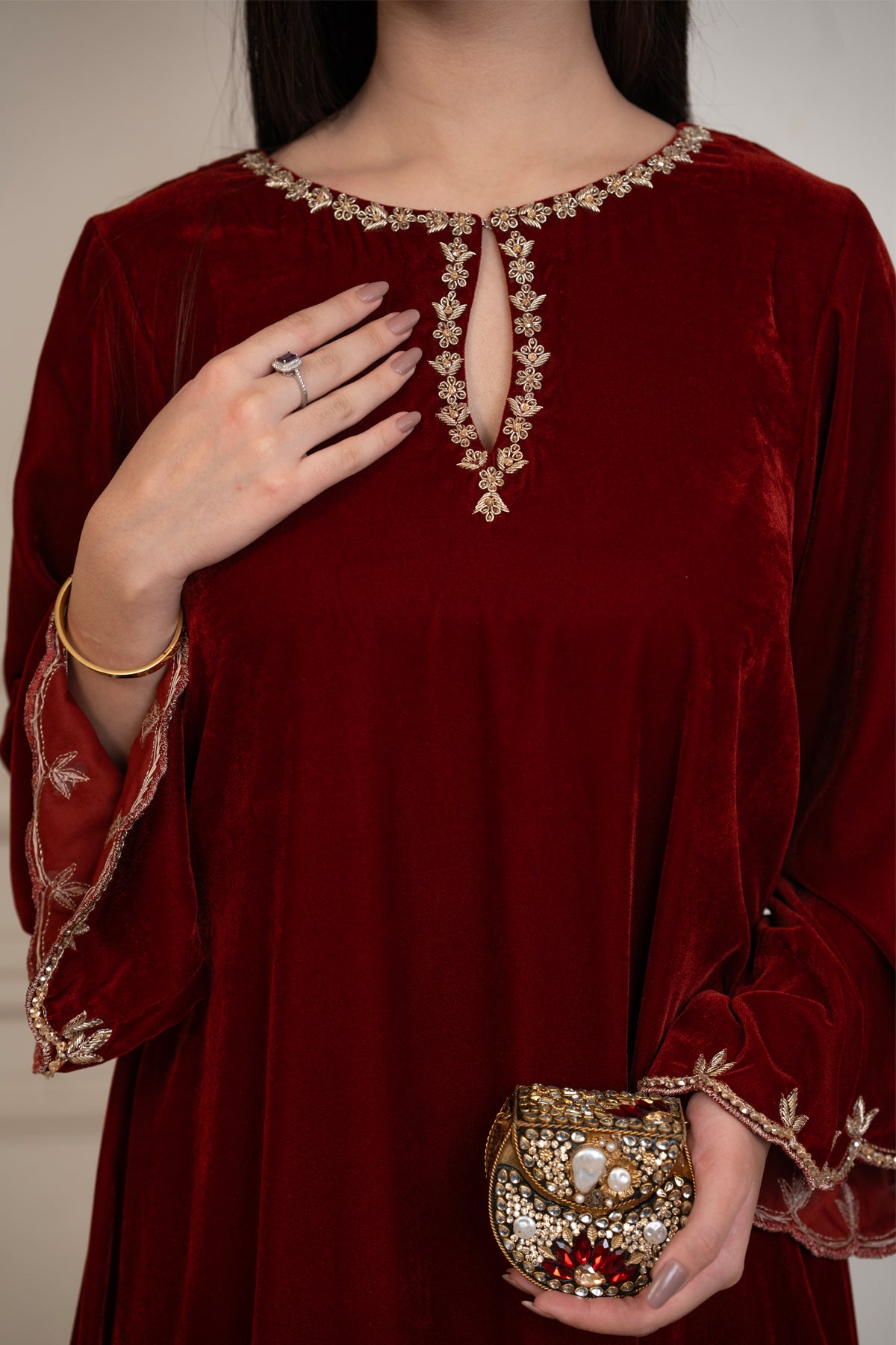 Ember Rose rust pure velvet co-ord with sheer embroidered sleeves and asymmetric hem by MariamRaj