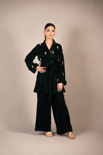 Emerald Affair emerald green embellished pure velvet wrap co-ord set for women by MariamRaj