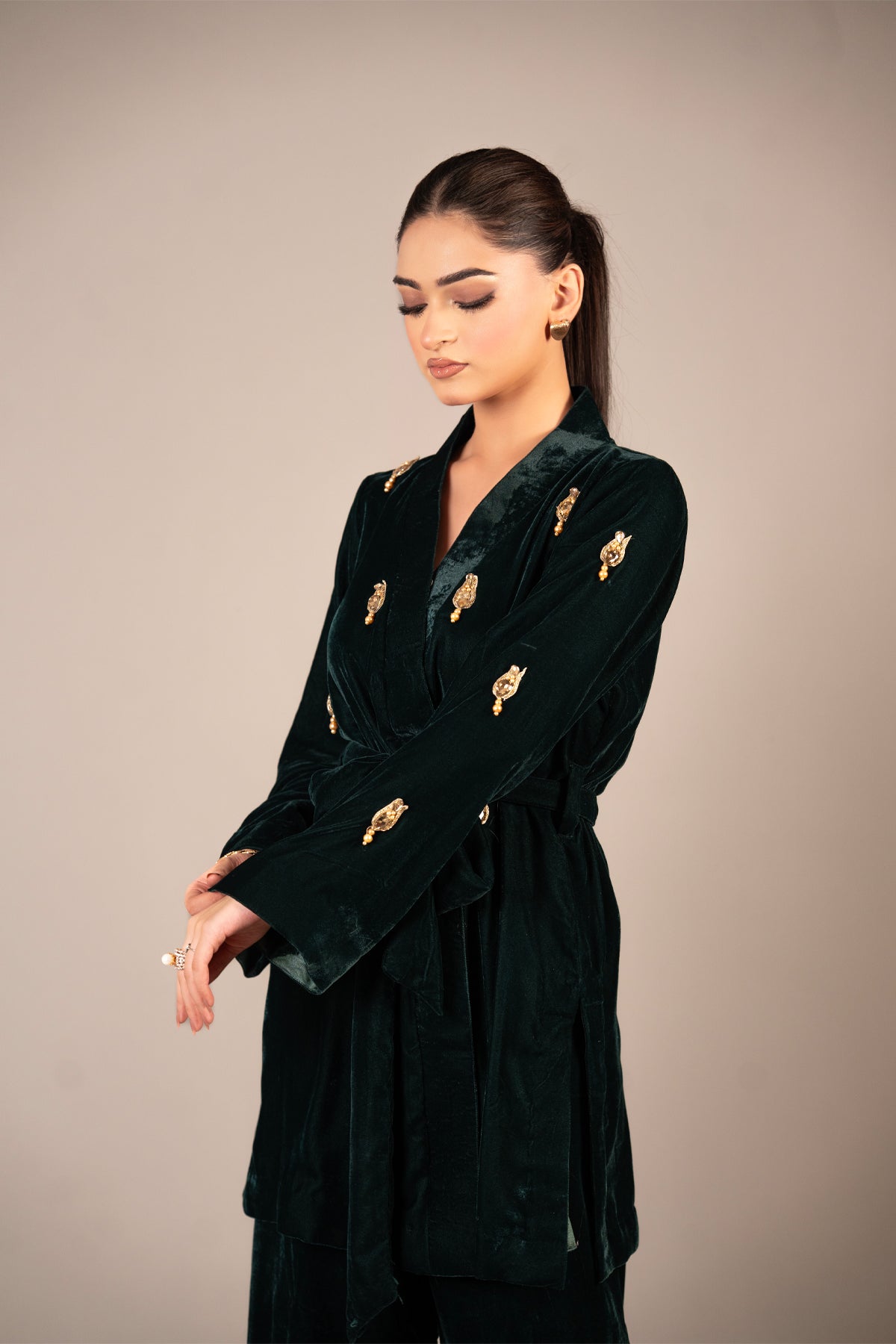 Emerald Affair emerald green embellished pure velvet wrap co-ord set for women by MariamRaj