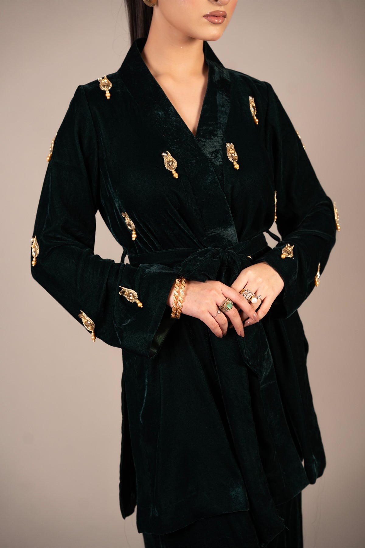 Emerald Affair emerald green embellished pure velvet wrap co-ord set for women by MariamRaj