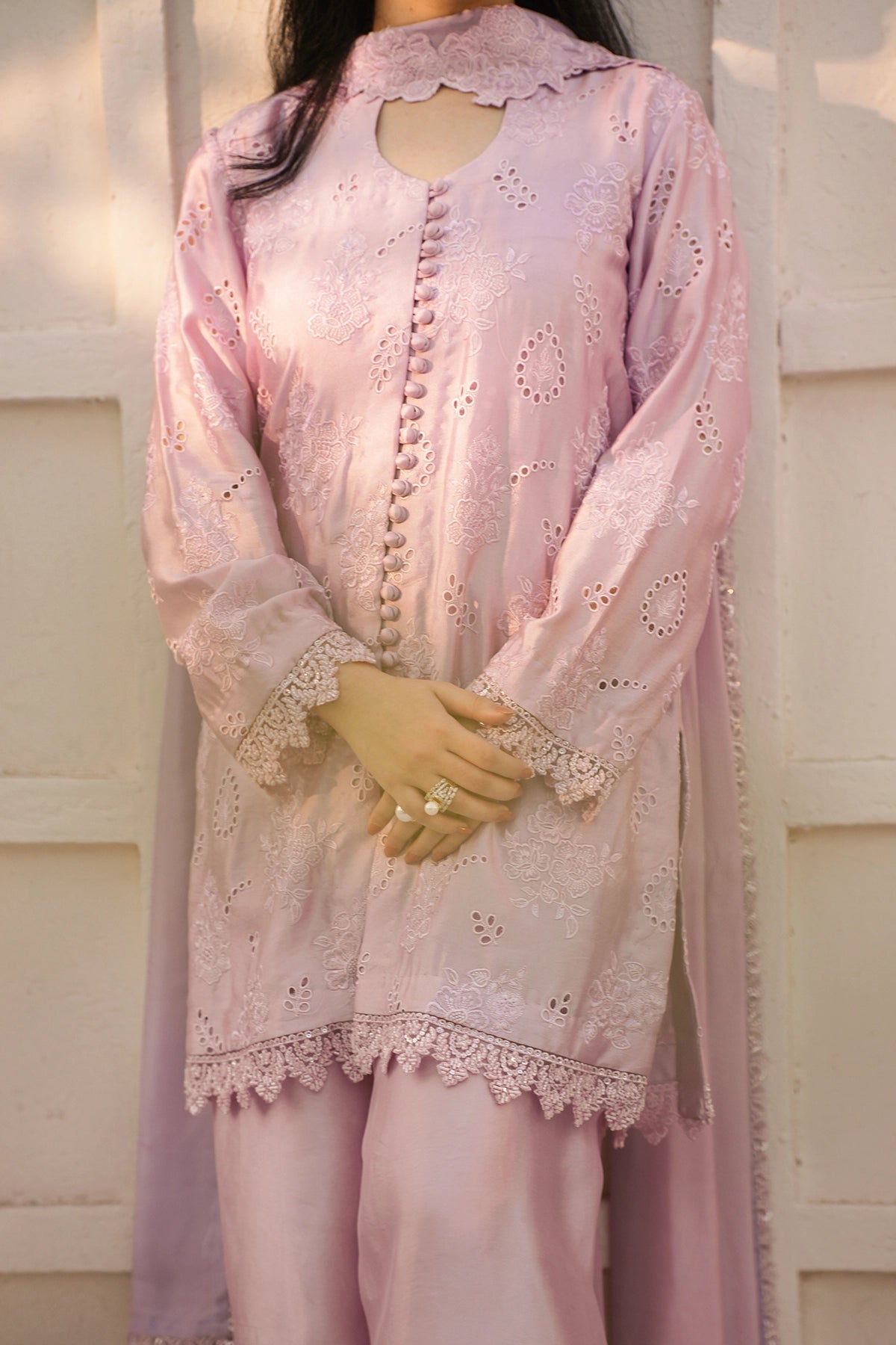 Evelina Lilac Luxury Floral Embroidered Sheesha Silk 3PC Set with Balloon Pants and Medium Silk Choker Dupatta by MariamRaj