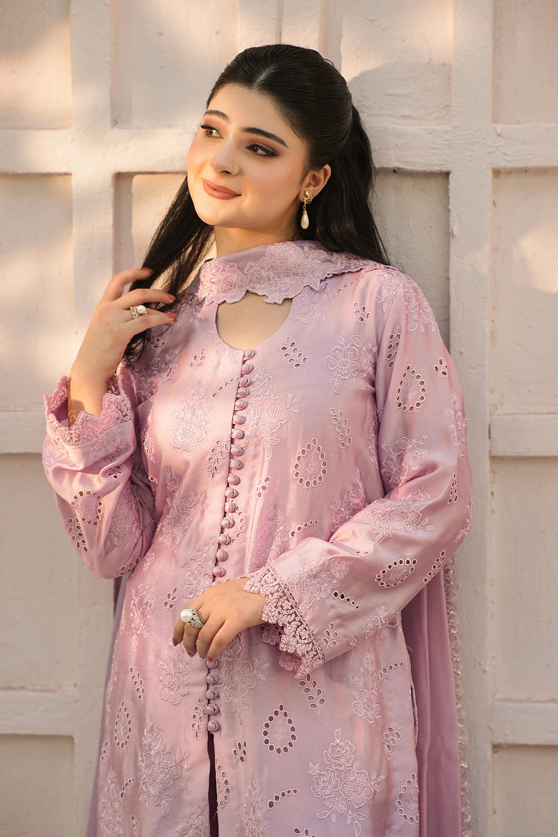 Evelina Lilac Luxury Floral Embroidered Sheesha Silk 3PC Set with Balloon Pants and Medium Silk Choker Dupatta by MariamRaj