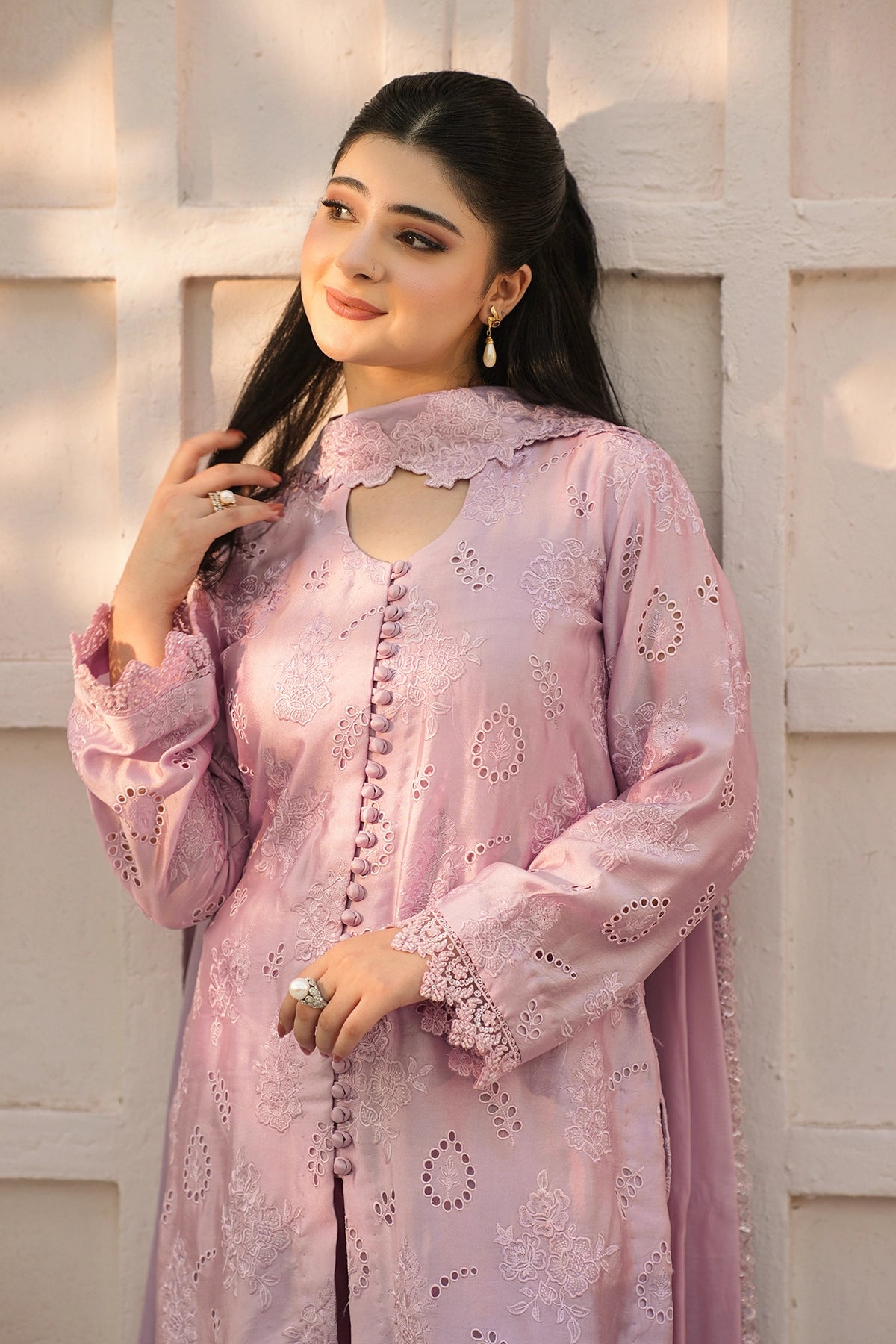 Evelina Lilac Luxury Floral Embroidered Sheesha Silk 3PC Set with Balloon Pants and Medium Silk Choker Dupatta by MariamRaj