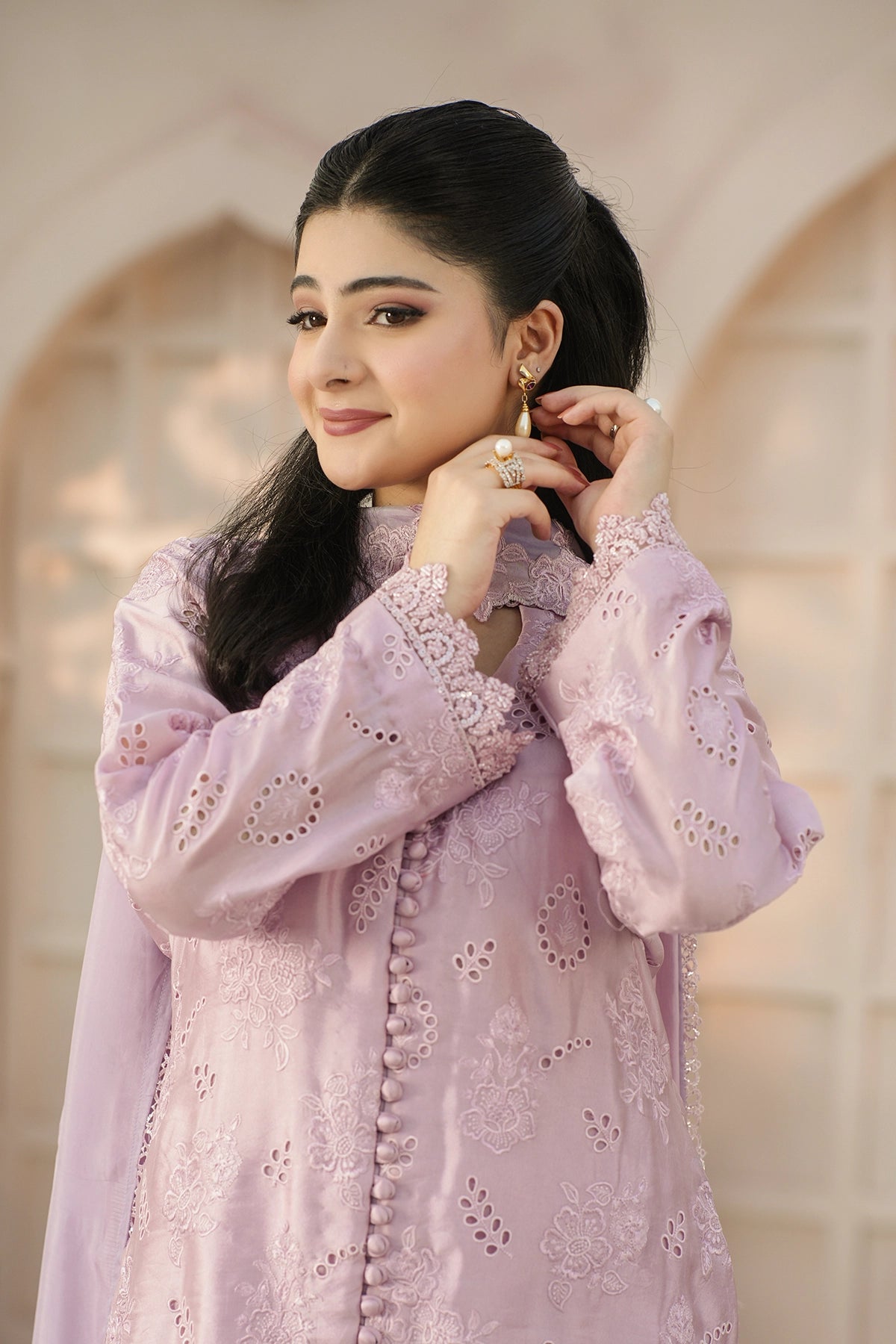 Evelina Lilac Luxury Floral Embroidered Sheesha Silk 3PC Set with Balloon Pants and Medium Silk Choker Dupatta by MariamRaj