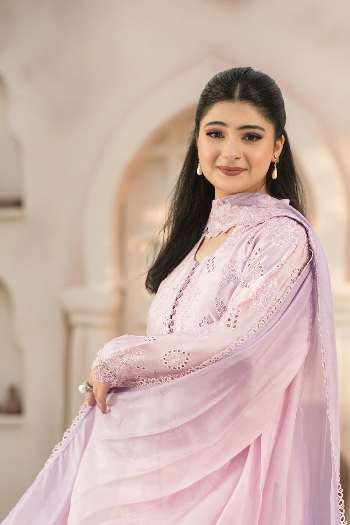 Evelina Lilac Luxury Floral Embroidered Sheesha Silk 3PC Set with Balloon Pants and Medium Silk Choker Dupatta by MariamRaj