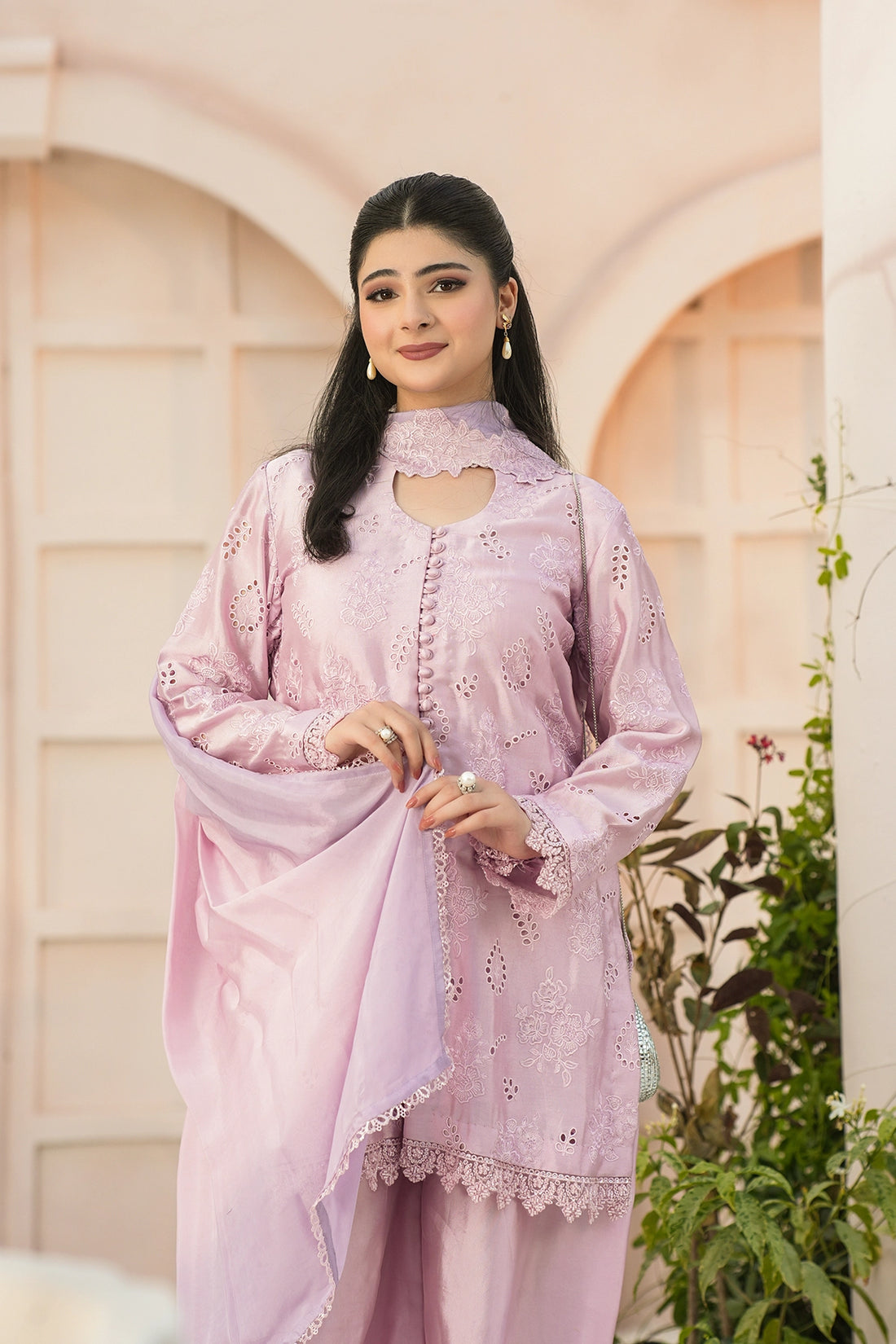Evelina Lilac Luxury Floral Embroidered Sheesha Silk 3PC Set with Balloon Pants and Medium Silk Choker Dupatta by MariamRaj