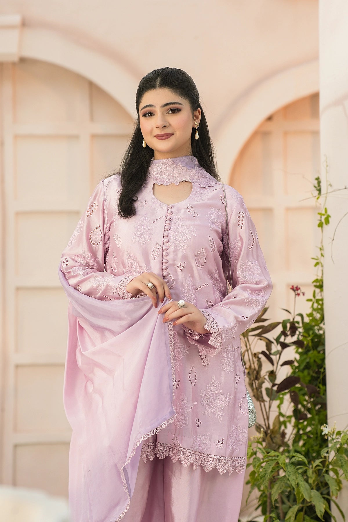 Evelina Lilac Luxury Floral Embroidered Sheesha Silk 3PC Set with Balloon Pants and Medium Silk Choker Dupatta by MariamRaj