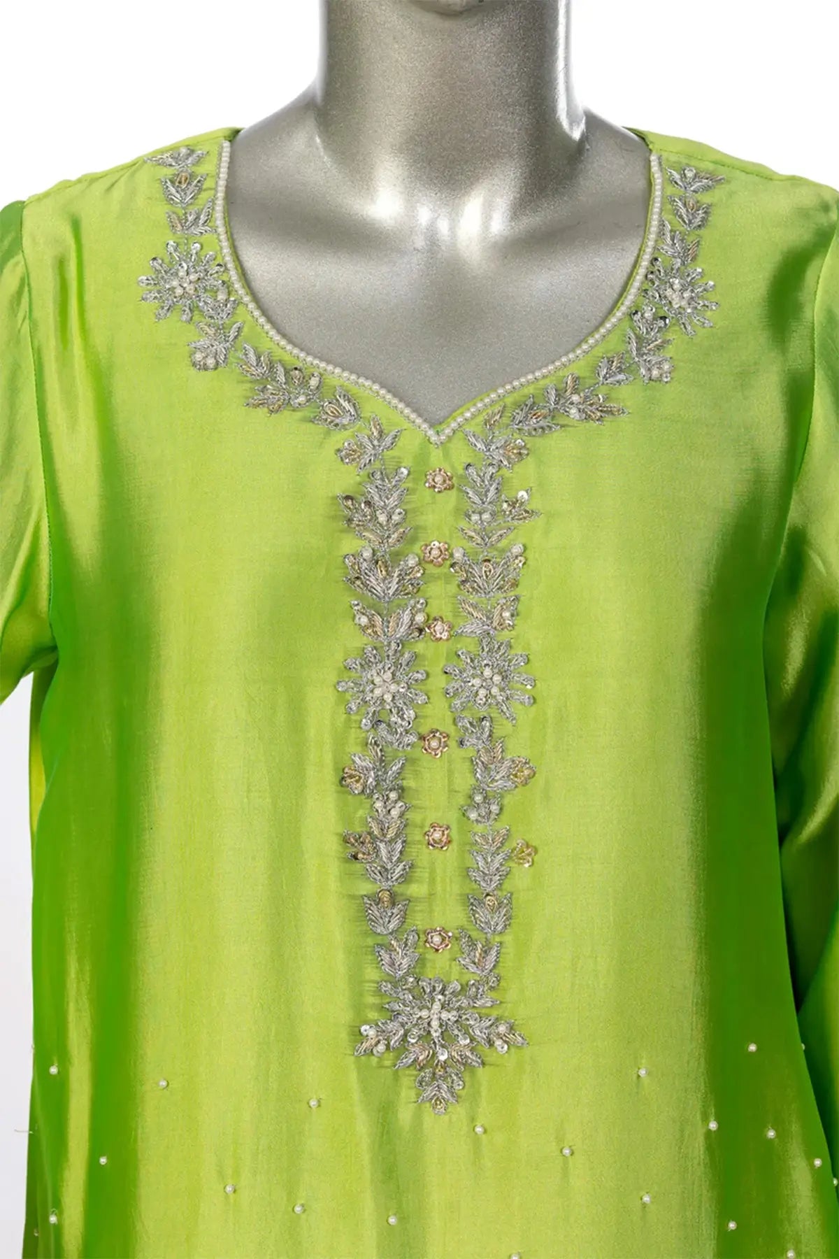 Fakhira – Sheesha Silk Lime Green Dress with Festive Detailing Online