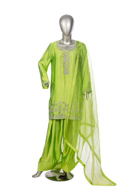Fakhira – Lime Green Sheesha Silk embroidered suit with resham & gota work, farshi shalwar & organza dupatta by MariamRaj.
