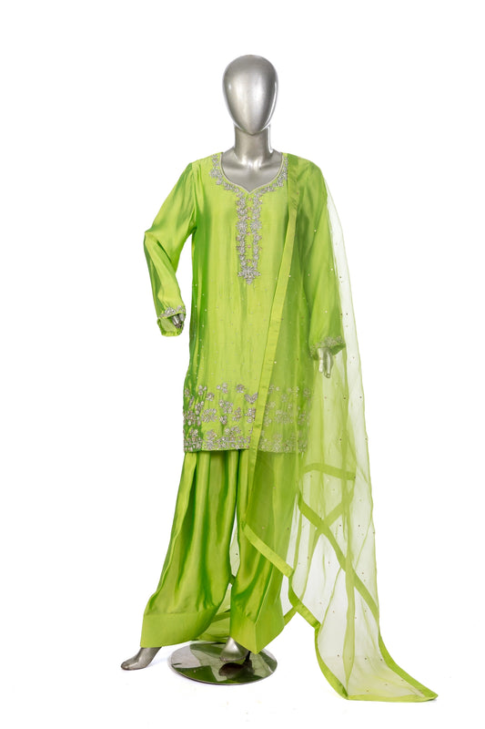 Fakhira – Lime Green Sheesha Silk embroidered suit with resham & gota work, farshi shalwar & organza dupatta by MariamRaj.