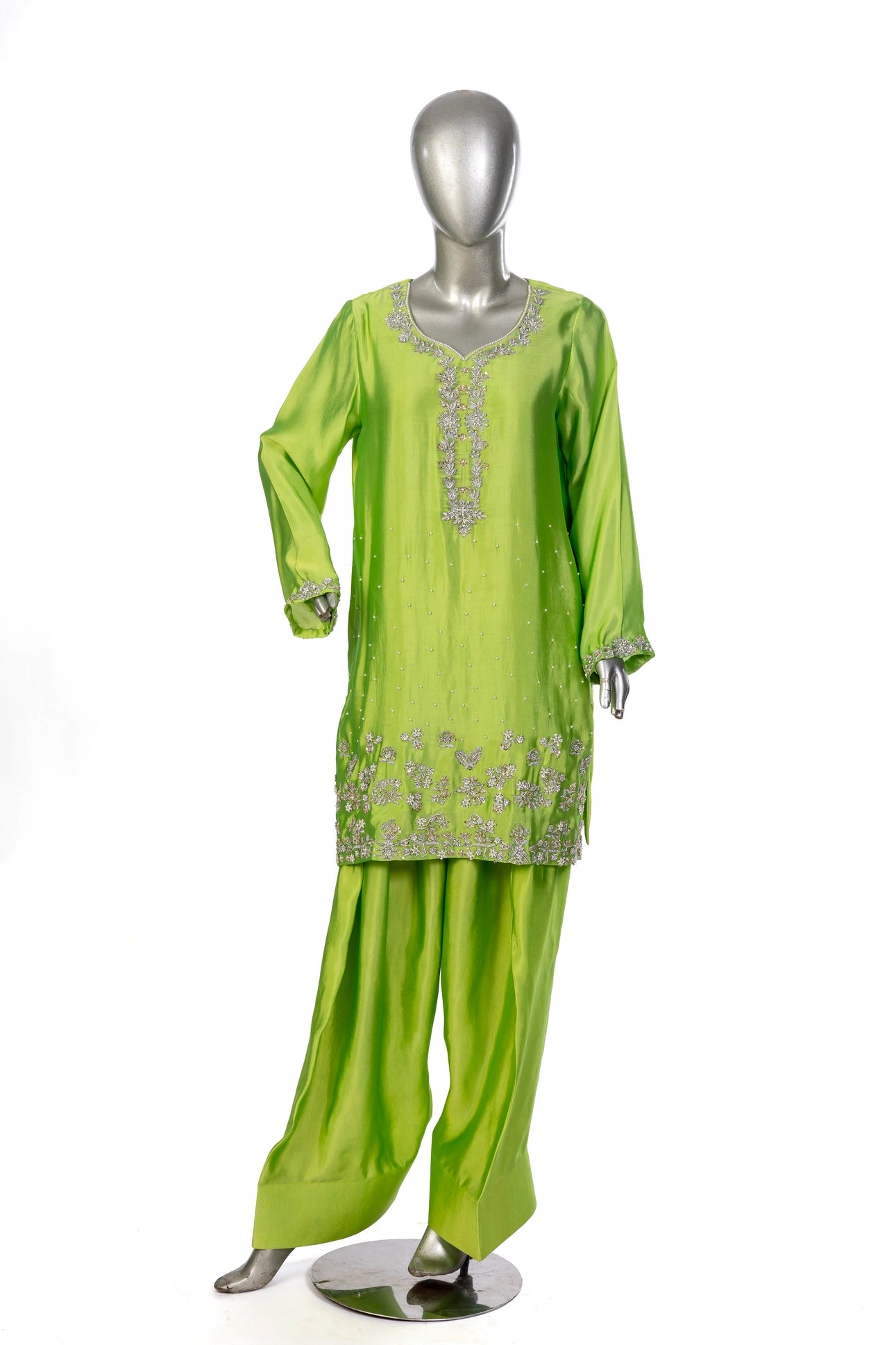 Fakhira – Lime Green Sheesha Silk embroidered suit with resham & gota work, farshi shalwar & organza dupatta by MariamRaj.