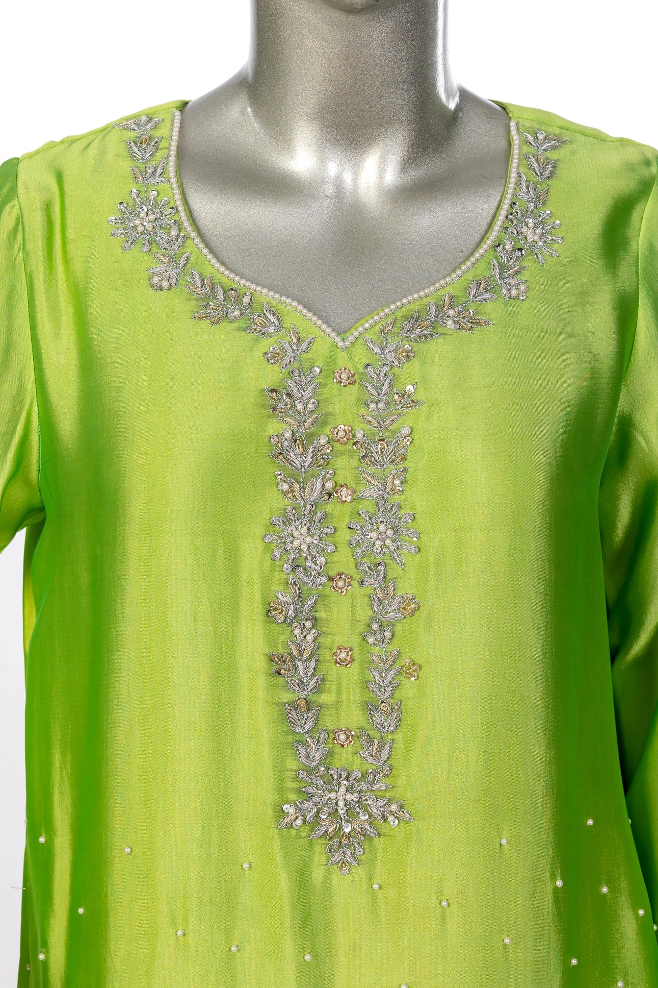 Fakhira – Lime Green Sheesha Silk embroidered suit with resham & gota work, farshi shalwar & organza dupatta by MariamRaj.